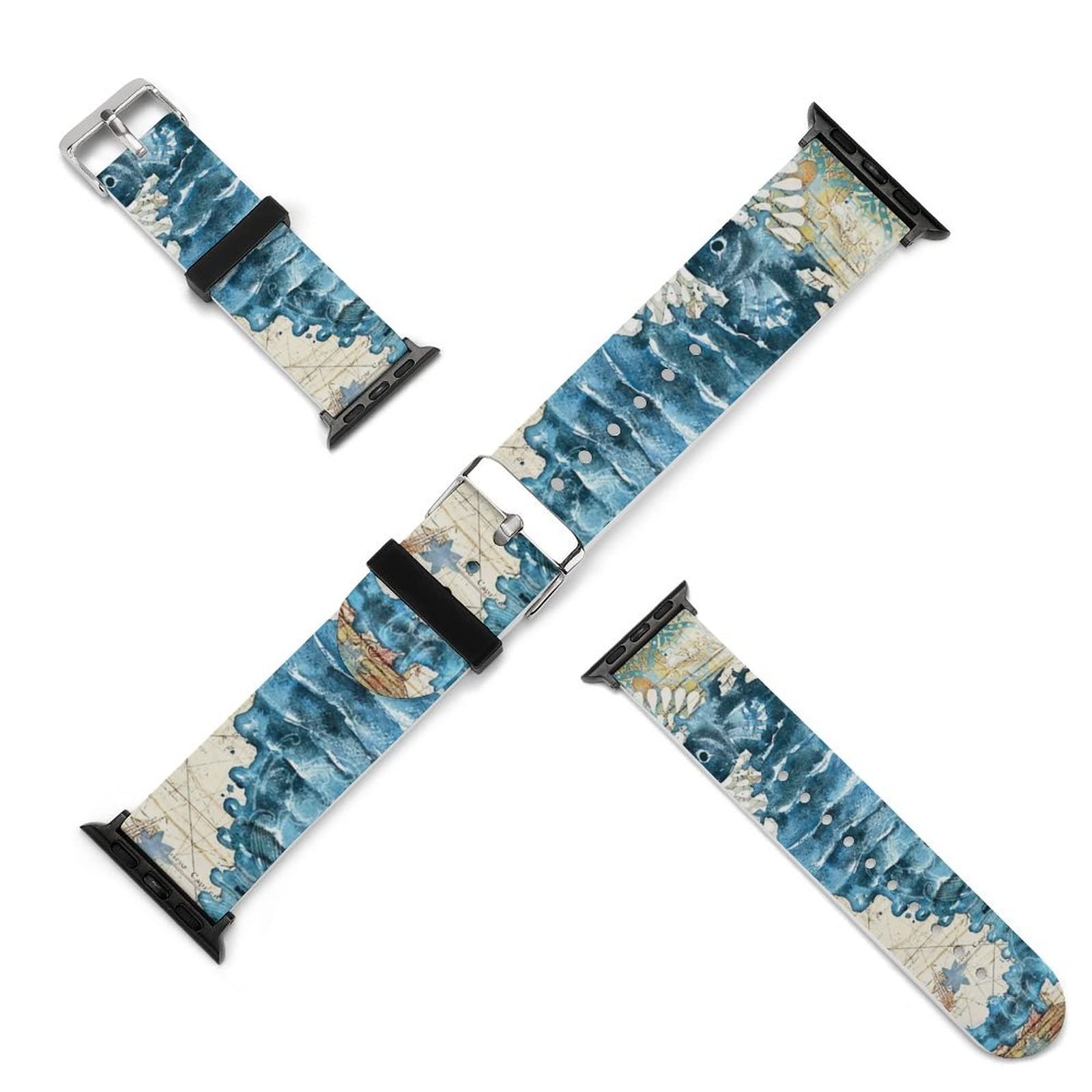 YouTary Blue Seahorse Nautical Map Silicone Watch Band - Compatible with Apple Watch Series 5/4/3/2/1 & SE - Soft Durable Strap for Women & Men - Perfect for Swimming, Sports & Everyday Wear