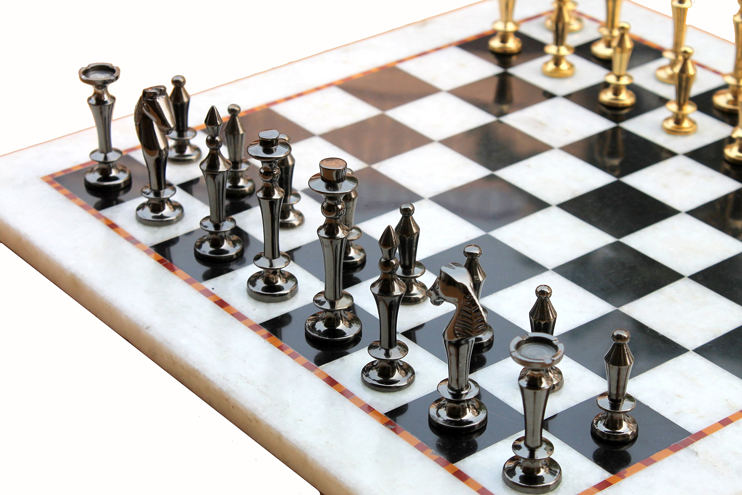 Premium White & Black Marble Chess Set with Brass Pieces - 15