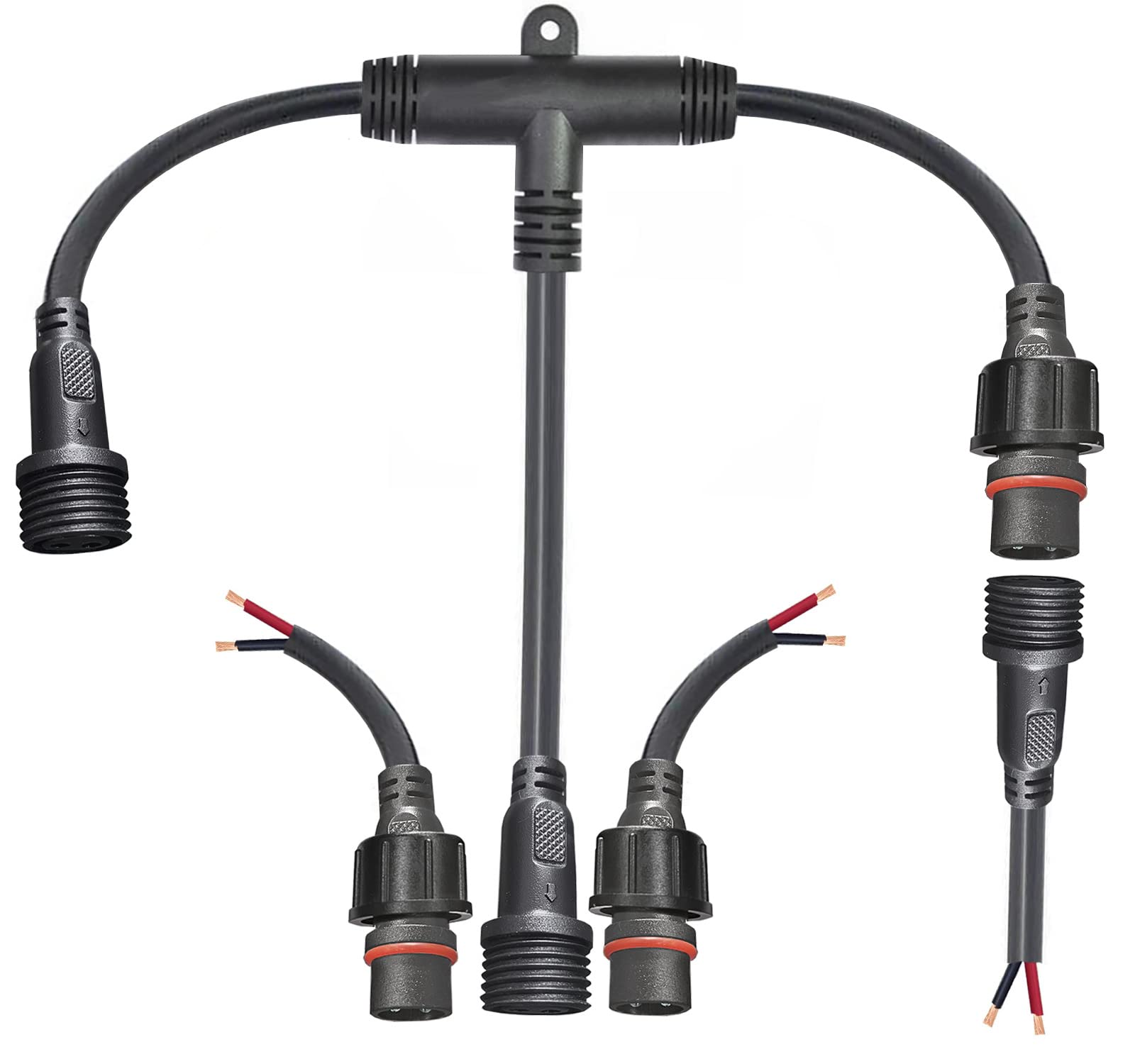 2 Pin Waterproof Connector IP68 - 2 Core T Shape Tee Connector with 16AWG 1 Male & 2 Female Ends - LED Extension Cable for Car, Boat, RV, Marine & Outdoor/Indoor LED Strip Lights - Perfect for DIY Lighting Projects, Landscape Lighting & Underwater Applications