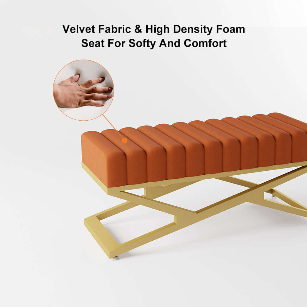 Modern Velvet Upholstered Bedroom Bench with Gold X Base - Orange Storage Ottoman for Bedroom, Living Room & Entryway - Perfect for Seating, Decor & Extra Storage