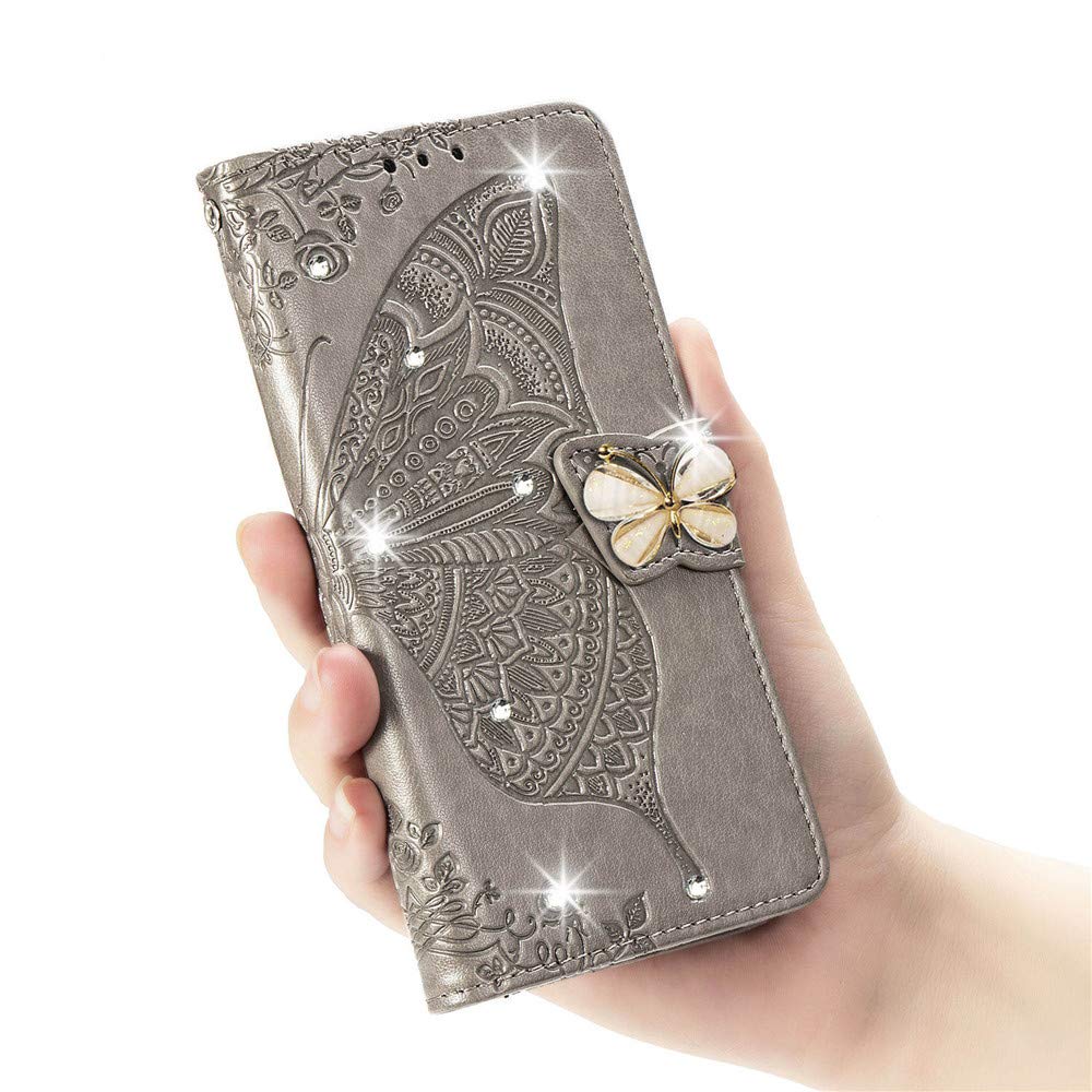 Stylish Shiny Diamond Wallet Case for iPhone XR - PU Leather Flip Cover with Credit Card Slots & Magnetic Stand | Shockproof Glitter Butterfly Gray Design | Perfect for Everyday Use, Travel & Business Meetings