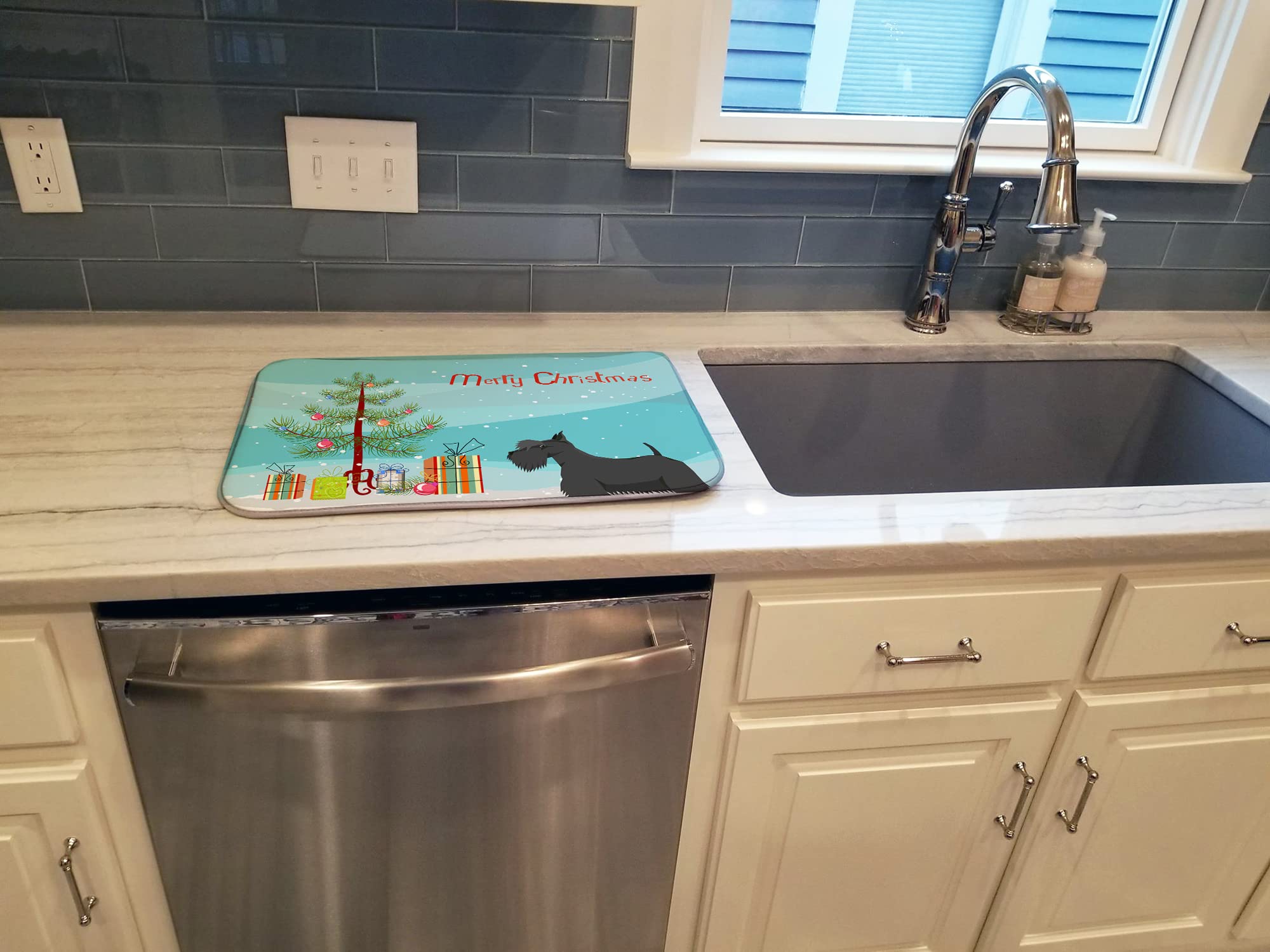 Scottish Terrier Christmas Dish Drying Mat - Absorbent Kitchen Counter Pad for Holiday Decor