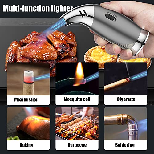 **Triple Jet Flame Butane Torch Lighter - Windproof Refillable Gas Torch with Cigar Punch & Safety Lock for BBQ, Baking, Creme Brulee, Soldering, DIY & More (No Gas Included) - Perfect for Cooking, Crafting & Outdoor Use**