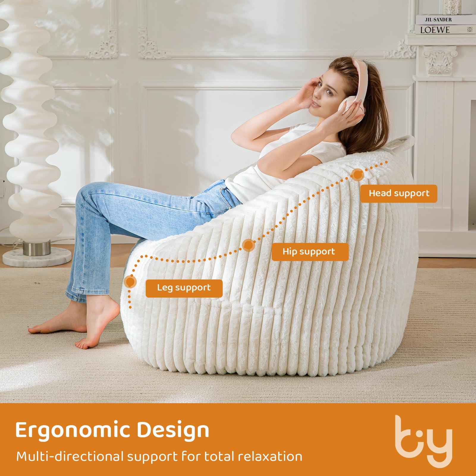 MAXYOYO Bean Bag Chair - Soft Floor Sofa with Handle & Storage Pocket for Living Room, Bedroom, or Dorm - Comfortable Beige Lounger for Relaxing, Reading & Gaming