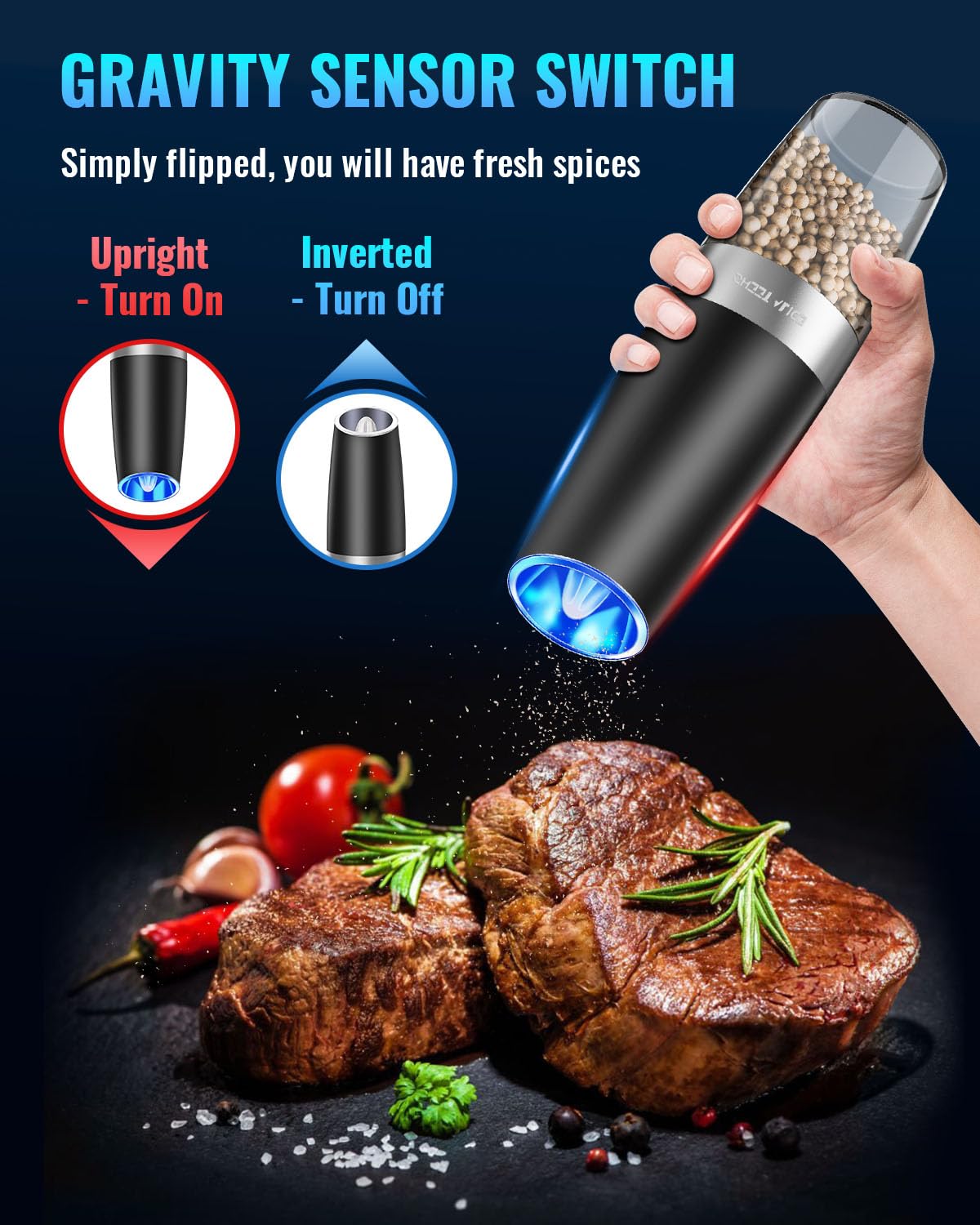 Sweet Alice Gravity Electric Pepper and Salt Grinder Set - Adjustable Coarseness, Battery Powered with LED Light, One-Hand Automatic Operation, Stainless Steel Mill (Black) - Perfect for Kitchen, Dining Table, and Outdoor Cooking