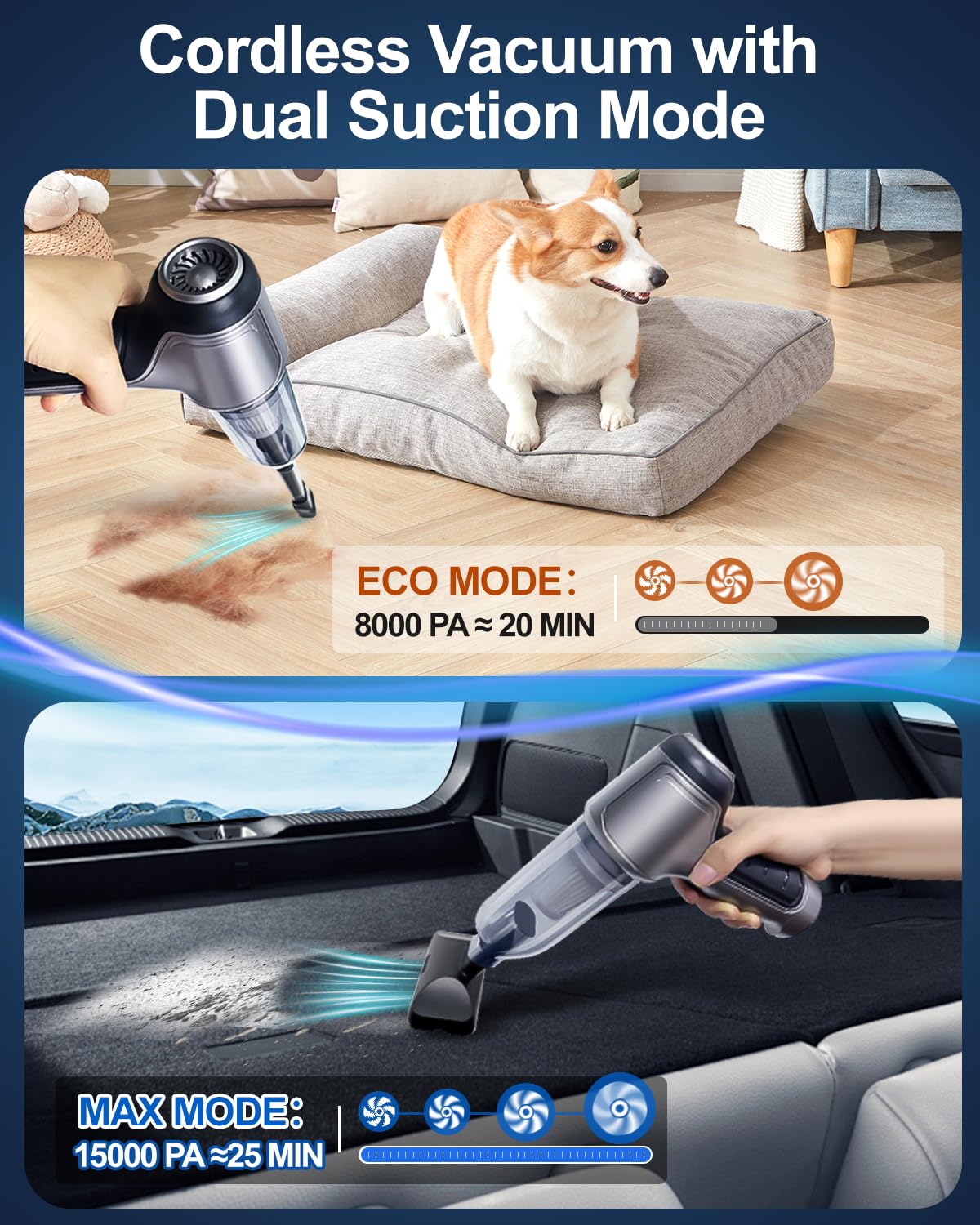 **15000PA Cordless Car Vacuum Cleaner - Powerful Handheld Vacuum with Brushless Motor, USB-C Fast Charging, 4-in-1 Air Blower & Inflator - Perfect for Car Detailing, Home Cleaning & Office Use**