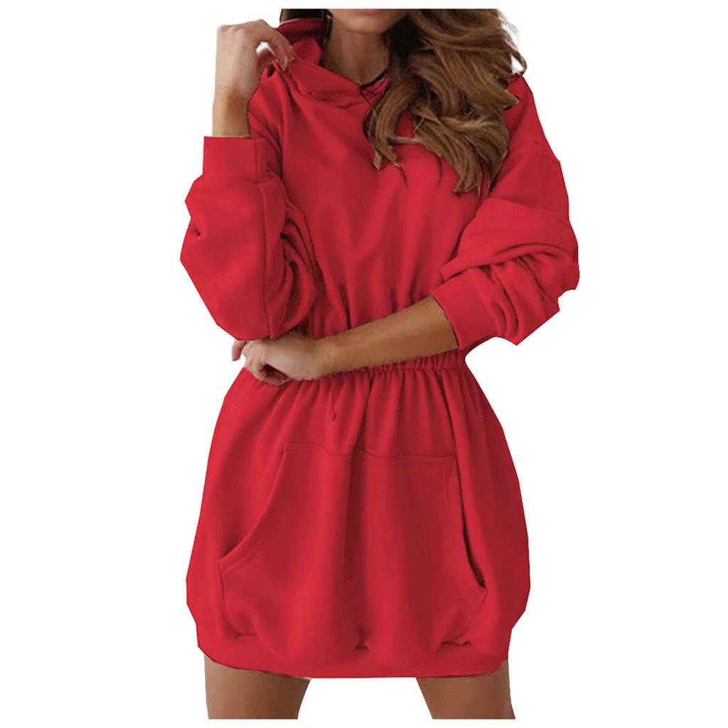 QIFEILA Women's Fleece Hooded Dress with Waistband - Long Sleeve Solid O-Neck Thick Winter Dress for Casual Wear | Perfect for Outdoor Activities, Office & Daily Comfort