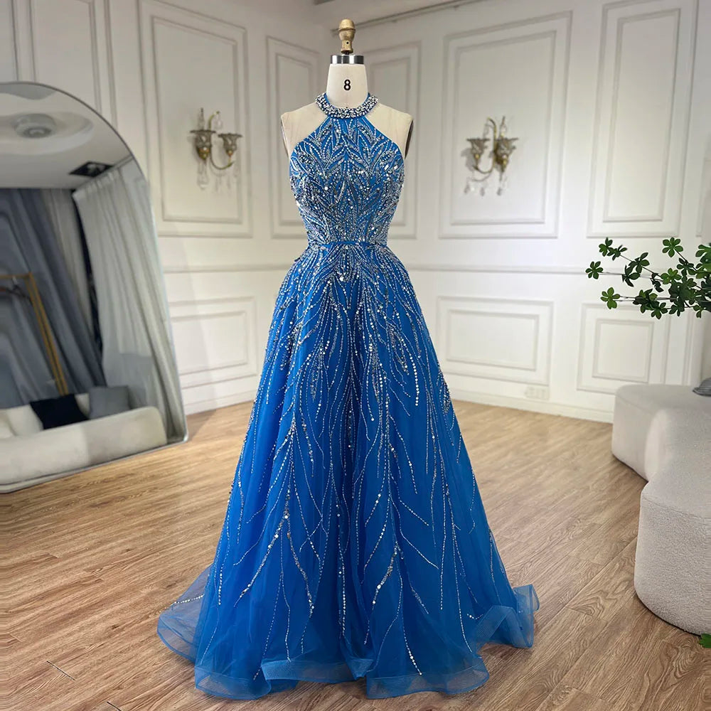 Elegant Blue Arabic A-Line Halter Gown - Luxury Dubai Evening Dress for Women | Wedding, Party & Special Occasion Wear | 2025 Fashion LA72302