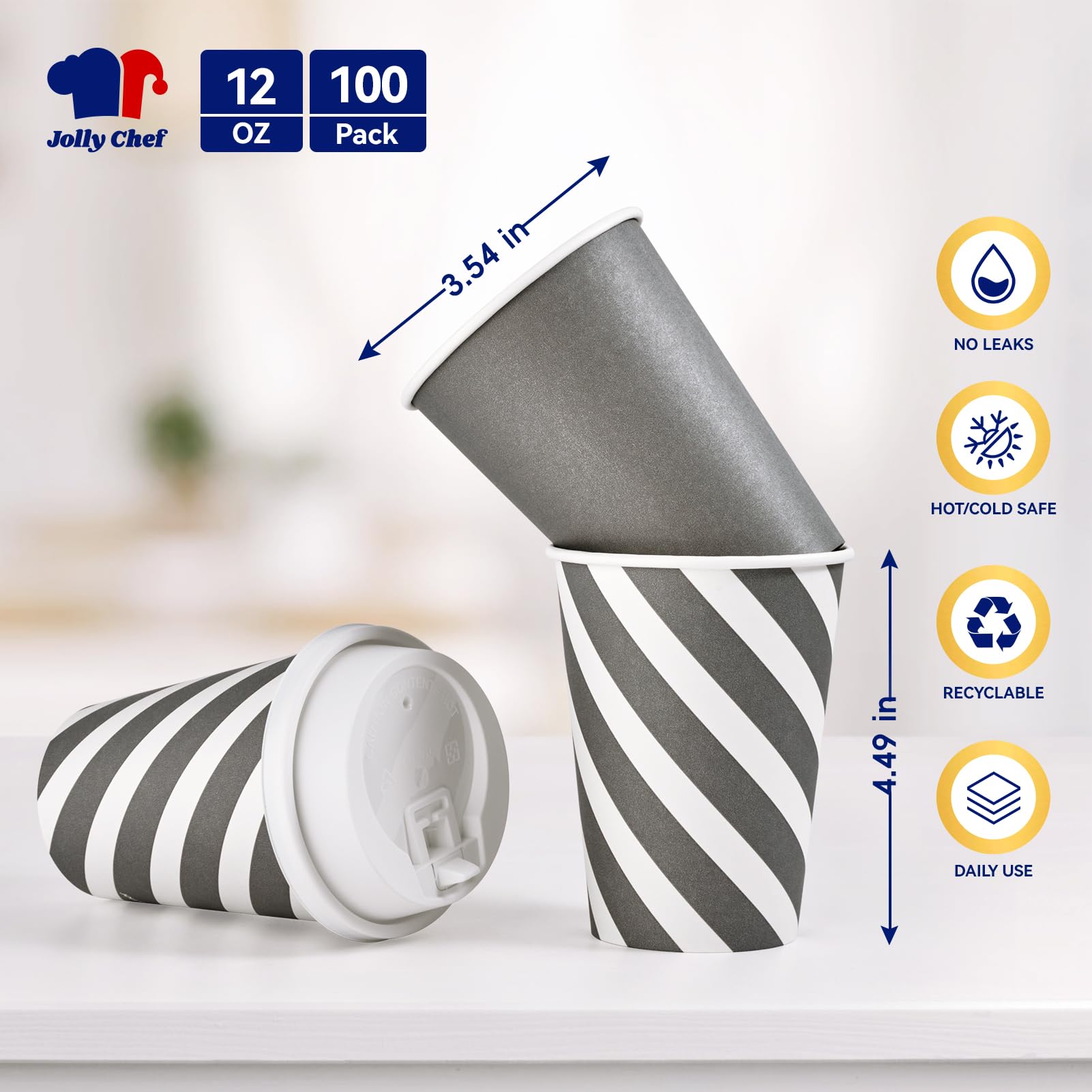 JOLLY CHEF 100 Pack 12 oz Disposable Paper Coffee Cups with Lids - Printed Hot Drink Cups for Home, Office, Restaurant & Cafe Use - Stripes and Grey Design - Perfect for Coffee, Tea, Hot Chocolate and Takeout Beverages