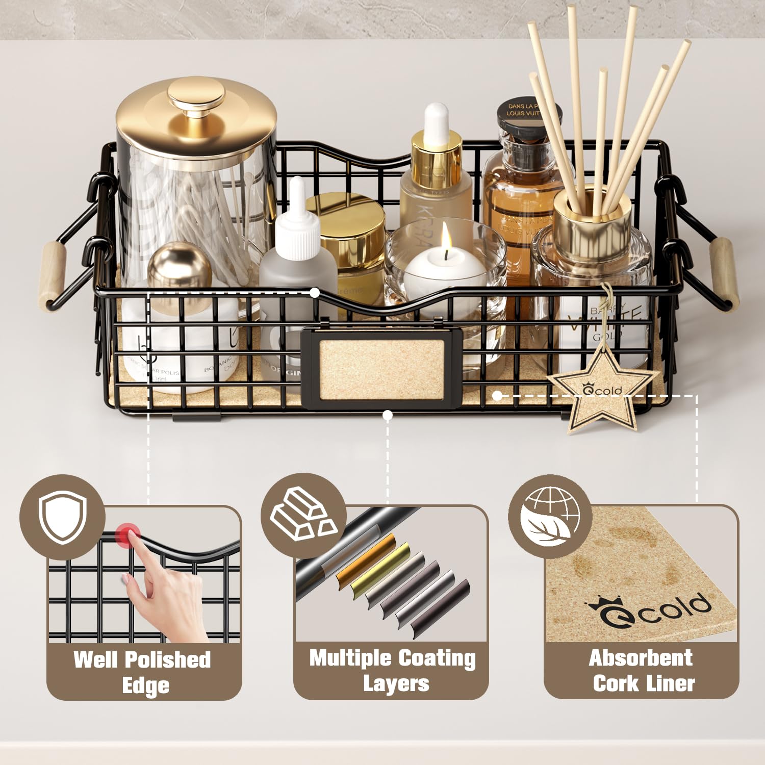 Premium Bathroom Organizer Basket with Handle - Stylish Vanity Tray for Skincare & Cosmetics Storage - Black Countertop Organizer for Bathroom Decor | Perfect for Small Spaces, Makeup Vanity & Spa-Like Bathroom Organization