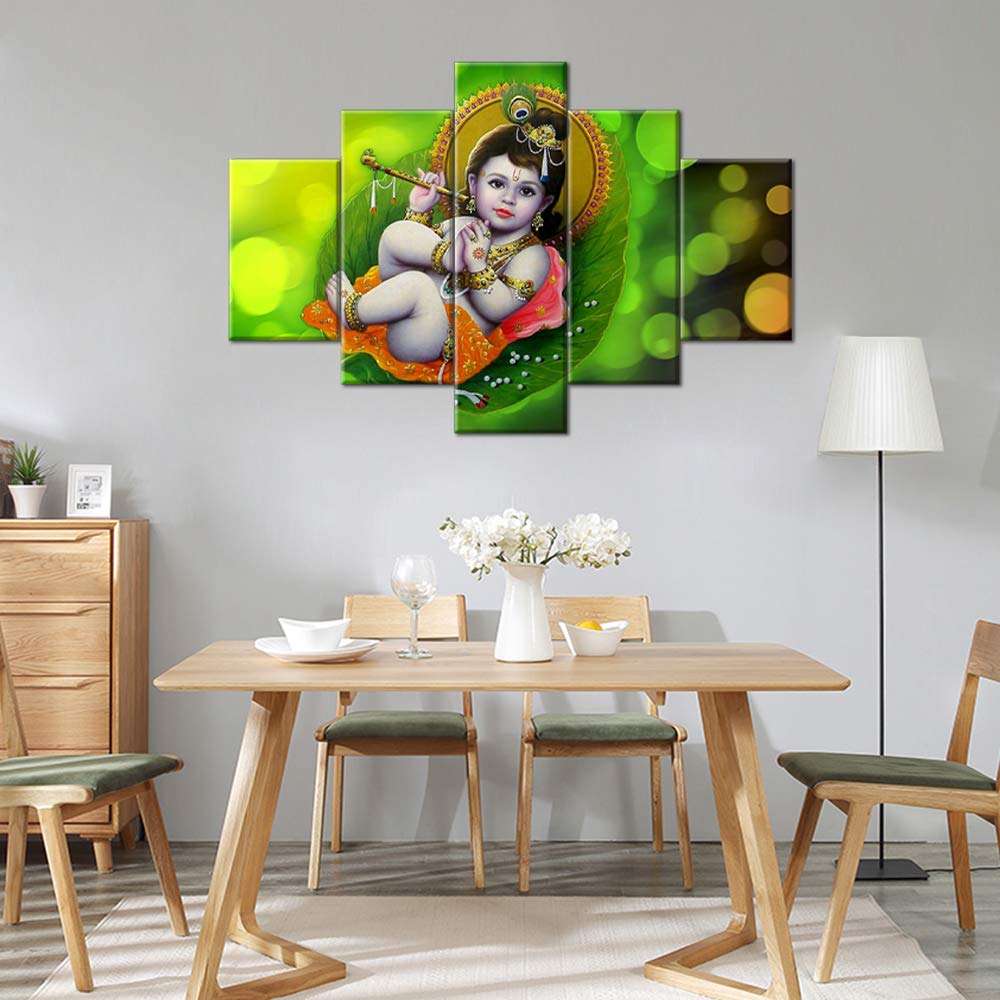 Lord Krishna Wall Art Decor - 5 Piece Framed Canvas Print Set (60''W x 40''H) - Modern Indian God Paintings for Living Room, Bedroom & Home Decor - Ready to Hang Spiritual Artwork - Perfect for Meditation Spaces, Yoga Rooms & Hindu Temples
