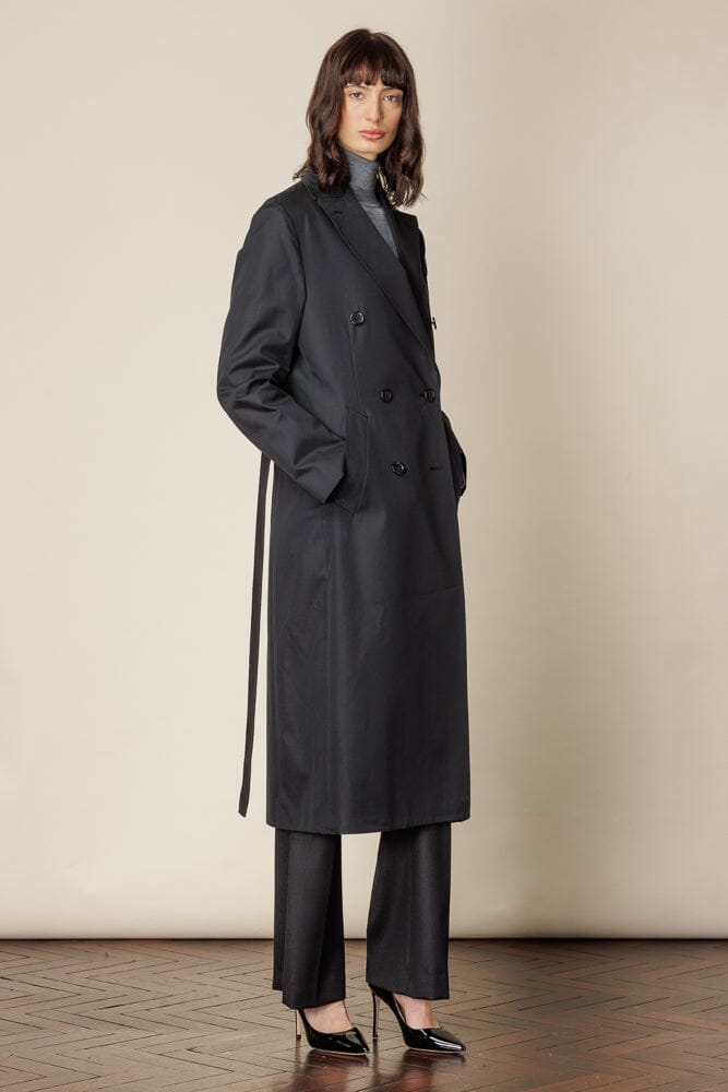 Stylish Long Double Breasted Trench Coat with Belt - Black Cotton Gabardine for Women | Perfect for Office, Travel & Fall Fashion
