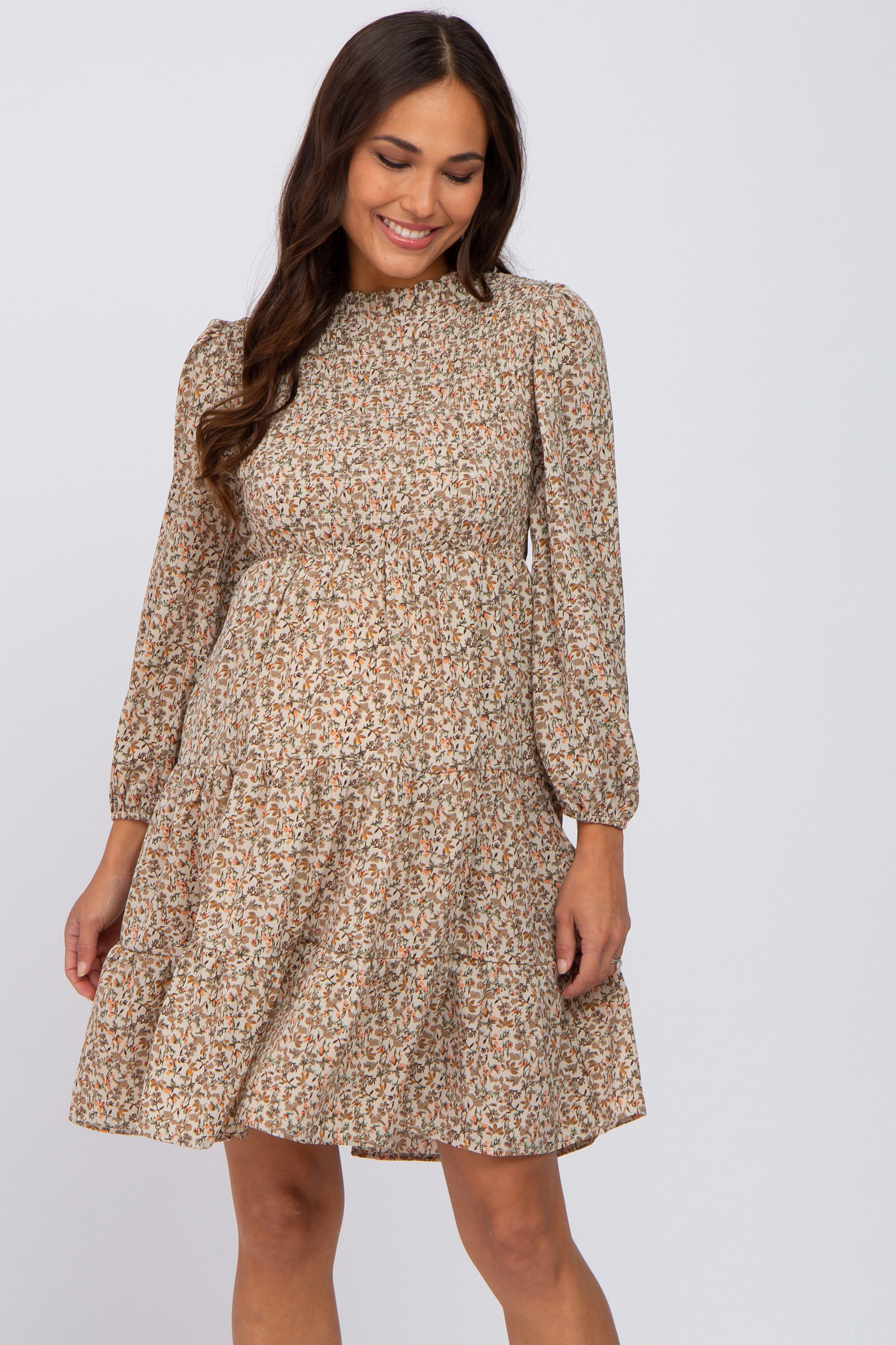 Beige Floral Shirred Mock Neck Maternity Dress for Pregnancy - Comfortable Stretchy Nursing Dress for Baby Shower, Maternity Photo Shoot & Breastfeeding