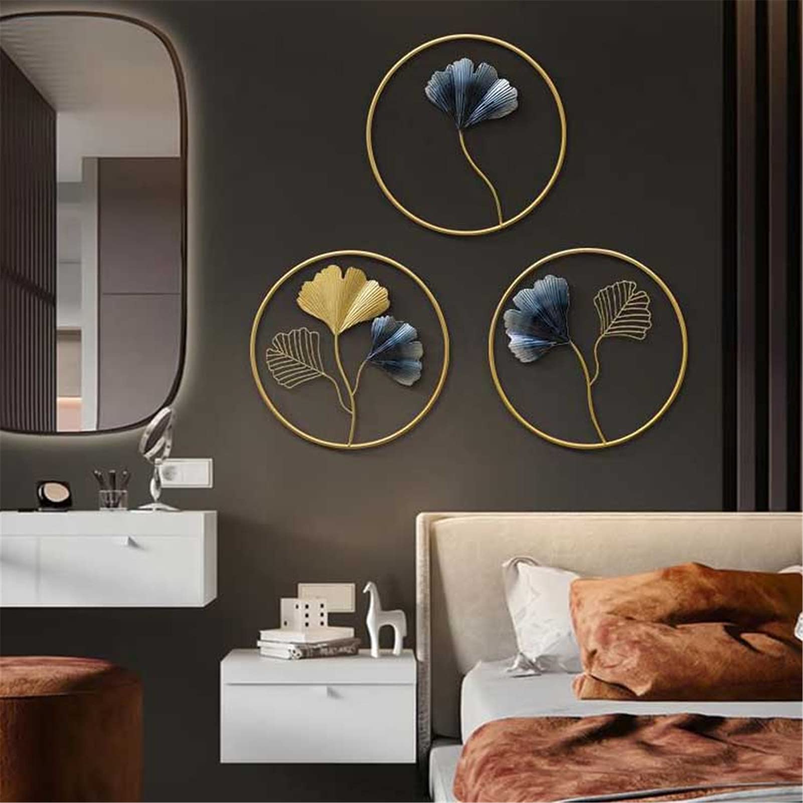 3PCS Gold Ginkgo Leaf Metal Wall Art Decor - Nordic Style Home Ornament for Living Room, Bedroom, Study & Hotel - 45cm Diameter - Perfect for Boho Decor, Housewarming Gifts & Wall Accents