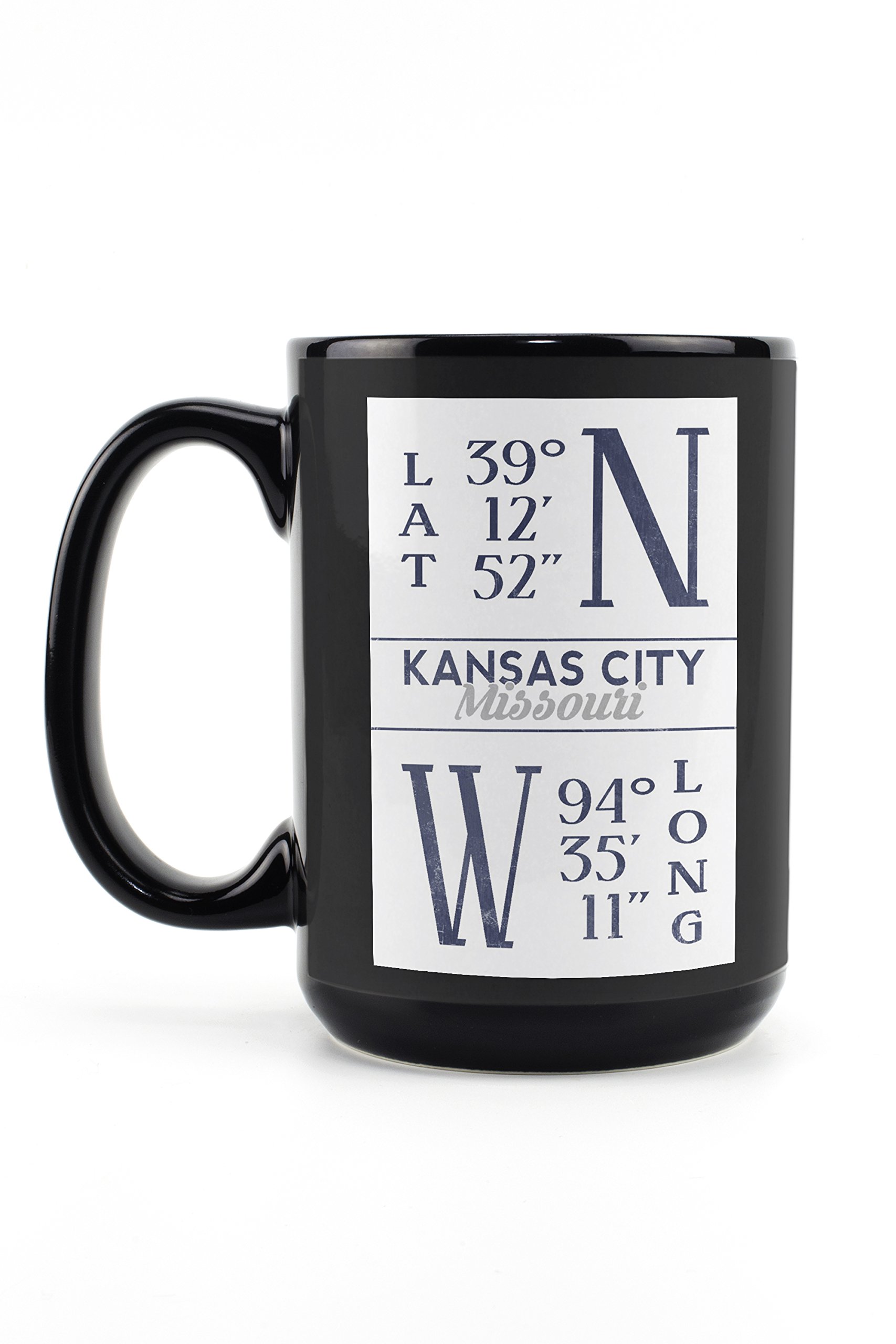 Lantern Press Kansas City Missouri Latitude Longitude Blue 15oz Black Ceramic Coffee Mug - Microwave & Dishwasher Safe - Perfect for Home, Office & Travel