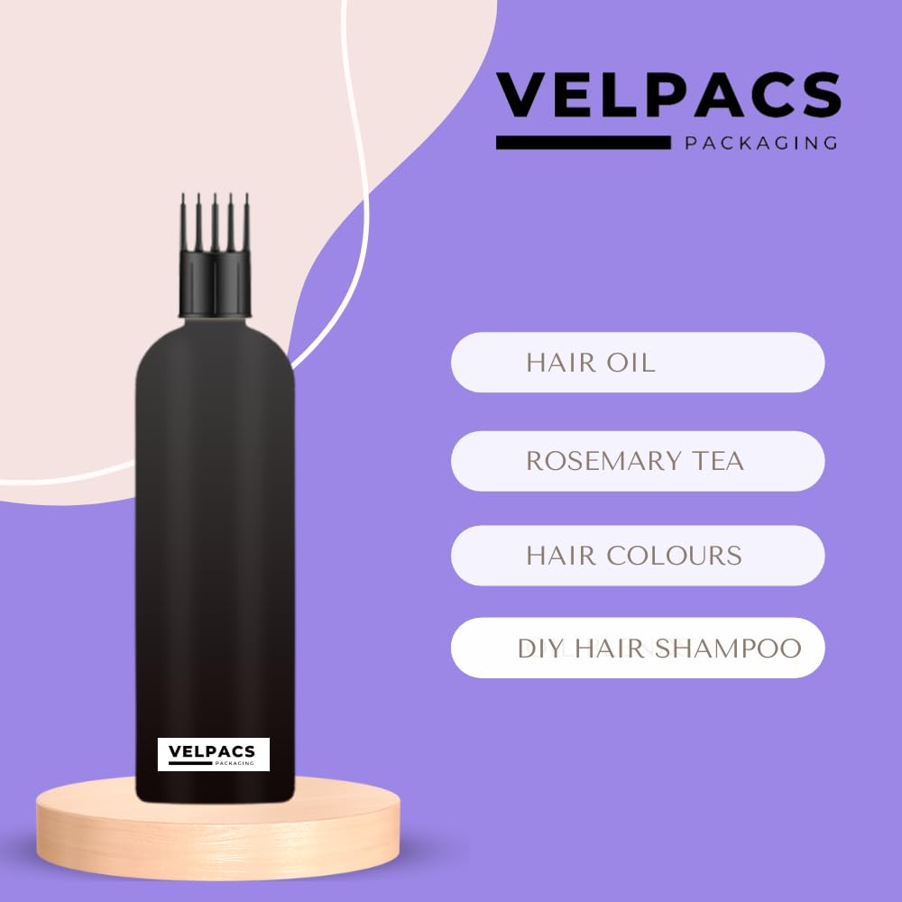 Velpacs 200ml Empty Black Plastic Root Applicator Bottle with Comb Head for Hair Dye, Oil, Rosemary Tea, Shampoo Application | Travel-Friendly Hair Care & Styling Tools | Pack of 3 for Salon, Home Use & On-the-Go Touch Ups