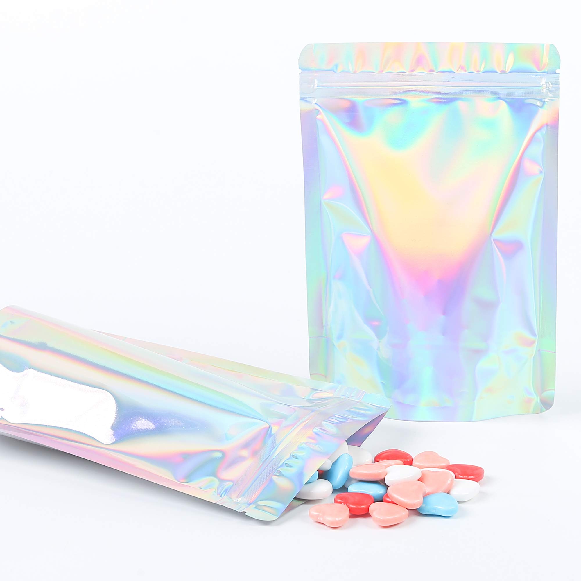 QQ Studio 100-Pack Double-Sided Rainbow Holographic Resealable Stand Up Pouches - 11x16cm (4.3x6.3in) Silver Holographic Makeup Bags for Beauty Supplies, Cosmetics & Jewelry Storage | Perfect for Travel, Organizing & Gift Packaging
