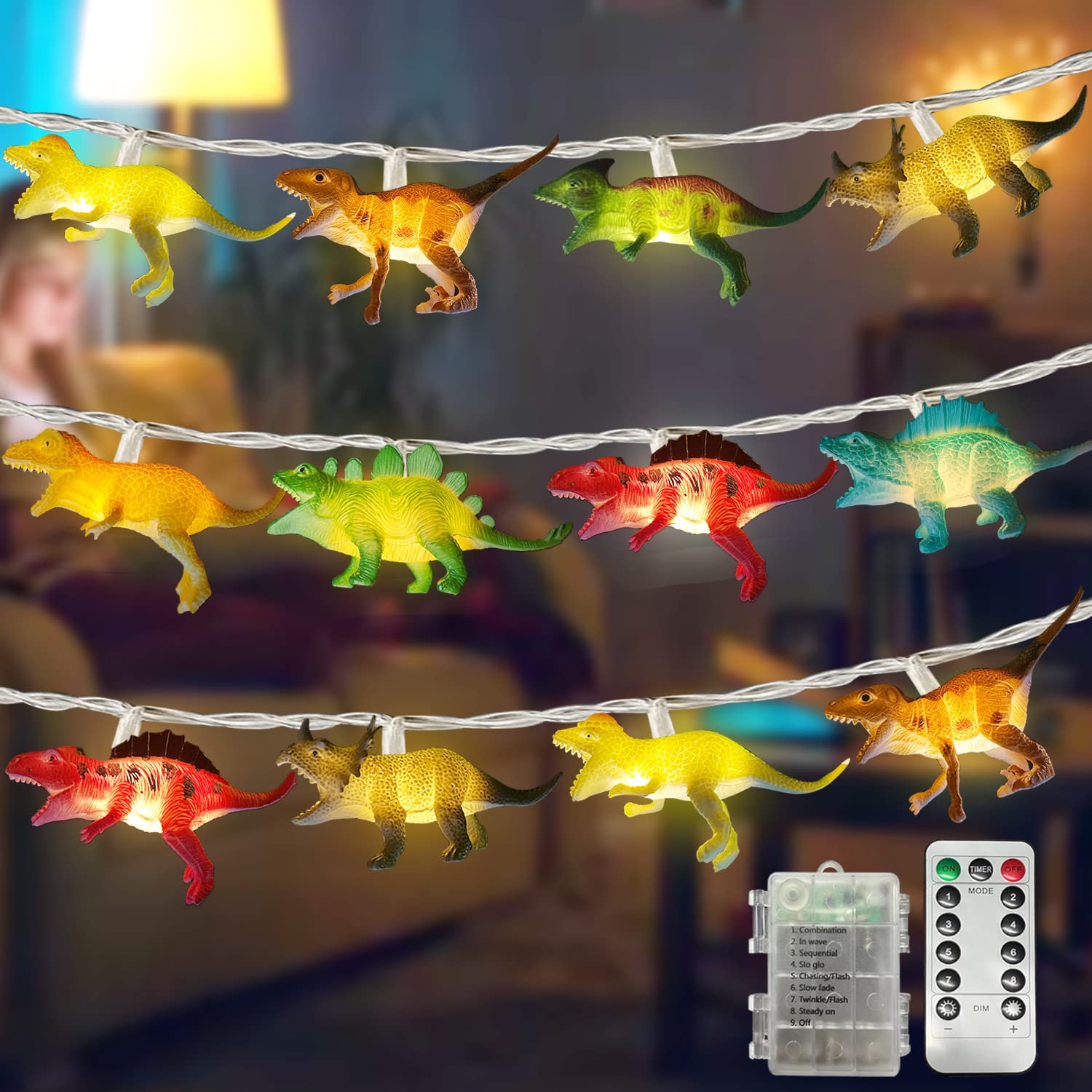 Dinosaur String Lights Battery Powered - 9.8Ft 20 LED Dino Toy Lights with Remote Control, 8 Lighting Modes for Bedroom, Birthday Party, Christmas Tree & Home Decor | Perfect for Kids Room, Nursery, Themed Parties & Holiday Decorations
