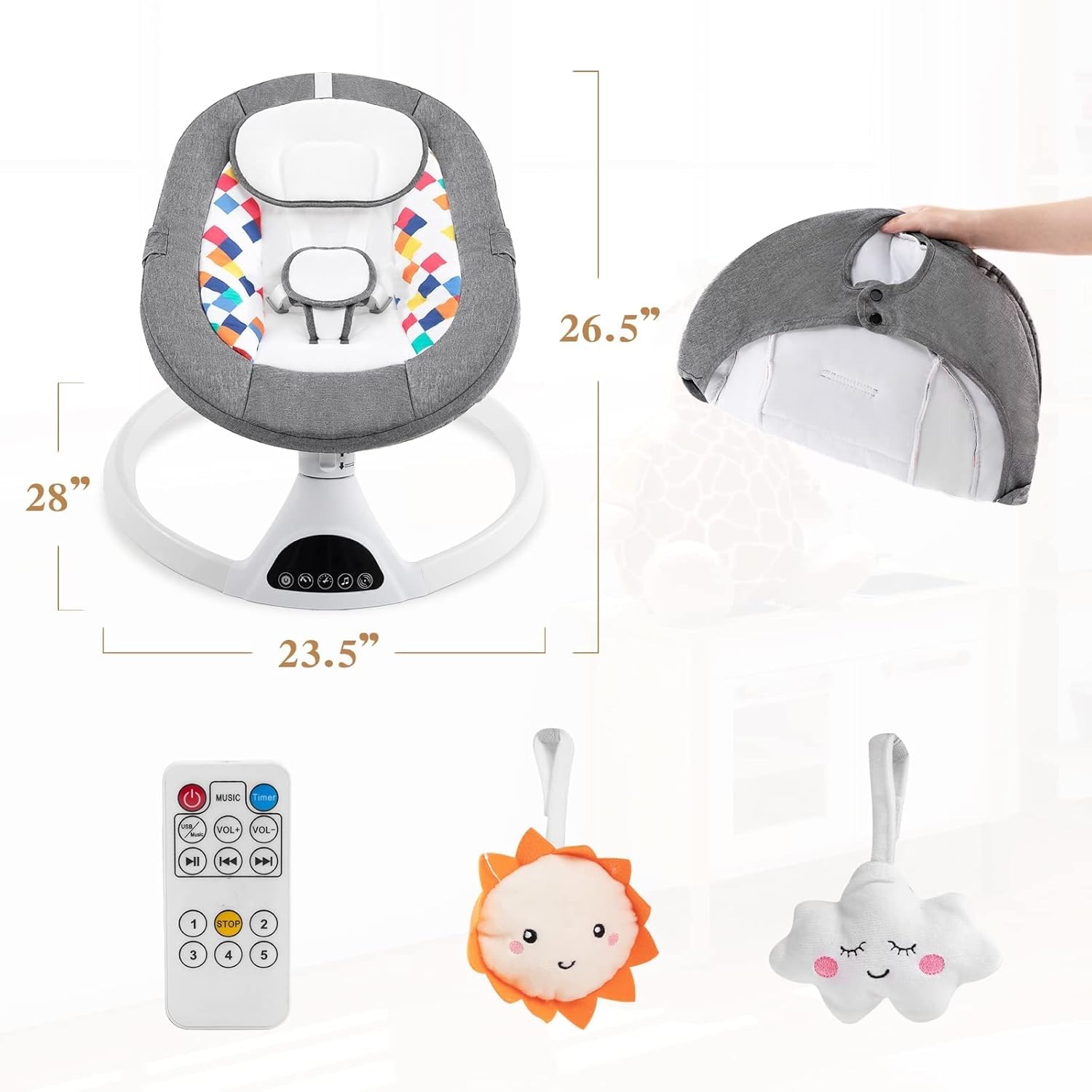 Electric Baby Swing for Infants - Portable Bouncer with 5 Speed Settings, Bluetooth Music & Auto Rocking | Indoor Infant Rocker for Boys & Girls | Perfect for Nursery, Playtime & Soothing Fussy Babies