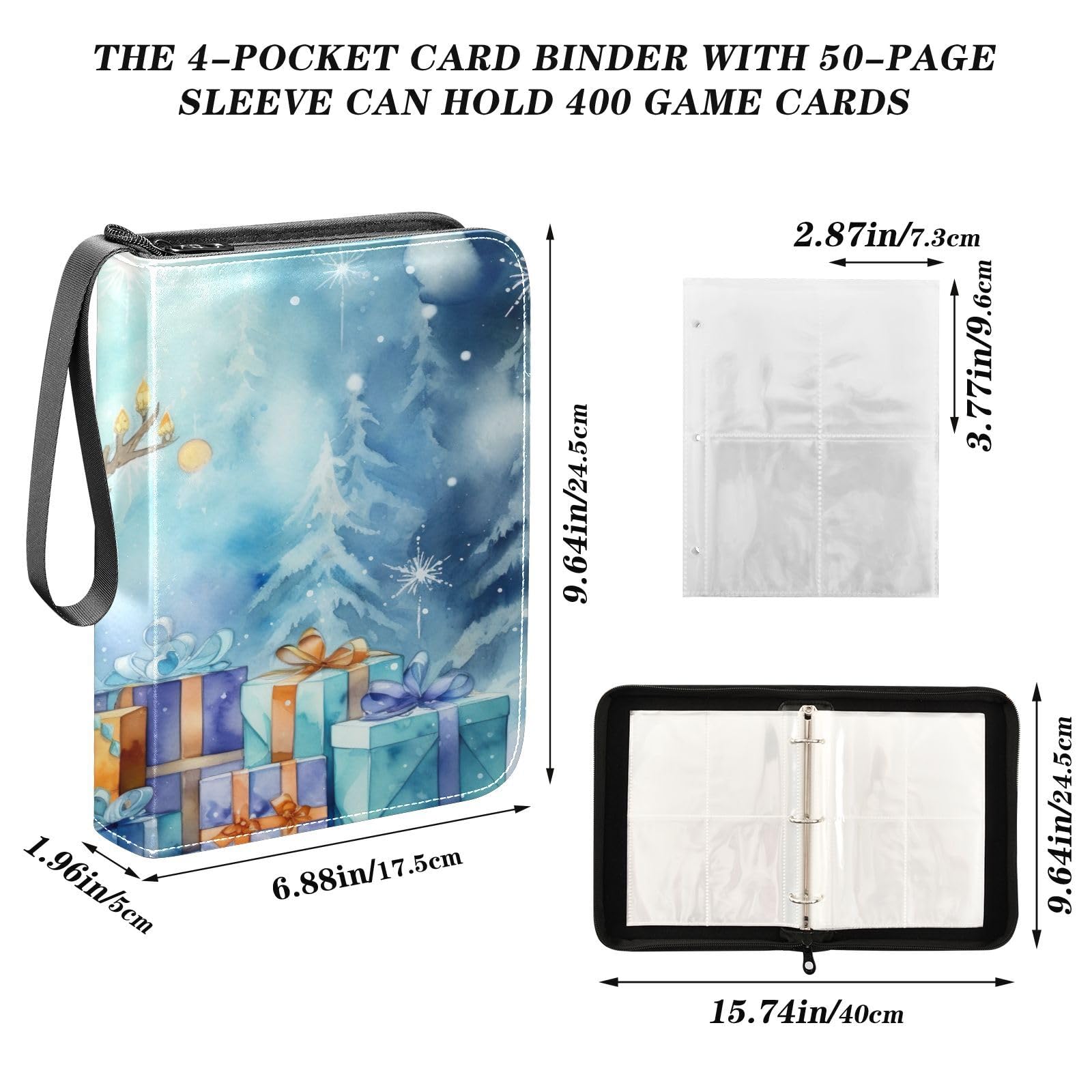 Christmas Blue Snowman 4-Pocket Trading Card Binder with 50 Sleeves - Holds 400 Cards, 3-Ring Album for Soccer, Pokemon & Sports Cards - Perfect for Collectors, Storage & Display