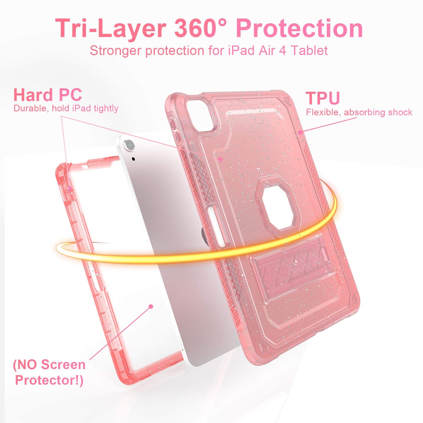 Stylish Clear Pink Glitter iPad Air 5th/4th Generation Case (2022/2020 Model) - Slim Hard Protective Cover with Pencil Holder & Stand for 10.9