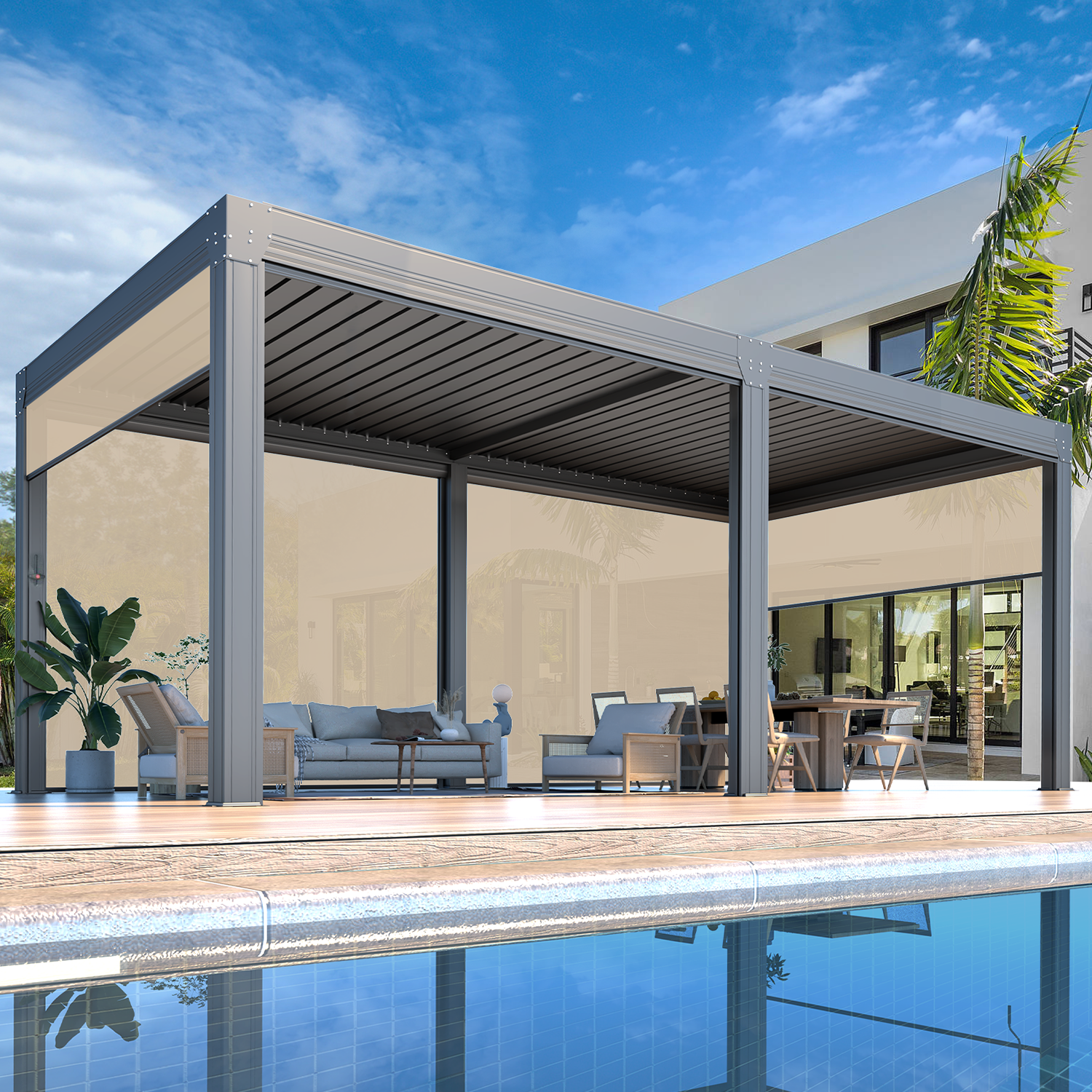 10x20 Aluminum Louvered Pergola with Retractable Screen - Grey Outdoor Patio Cover for Backyard, Deck & Garden Shade