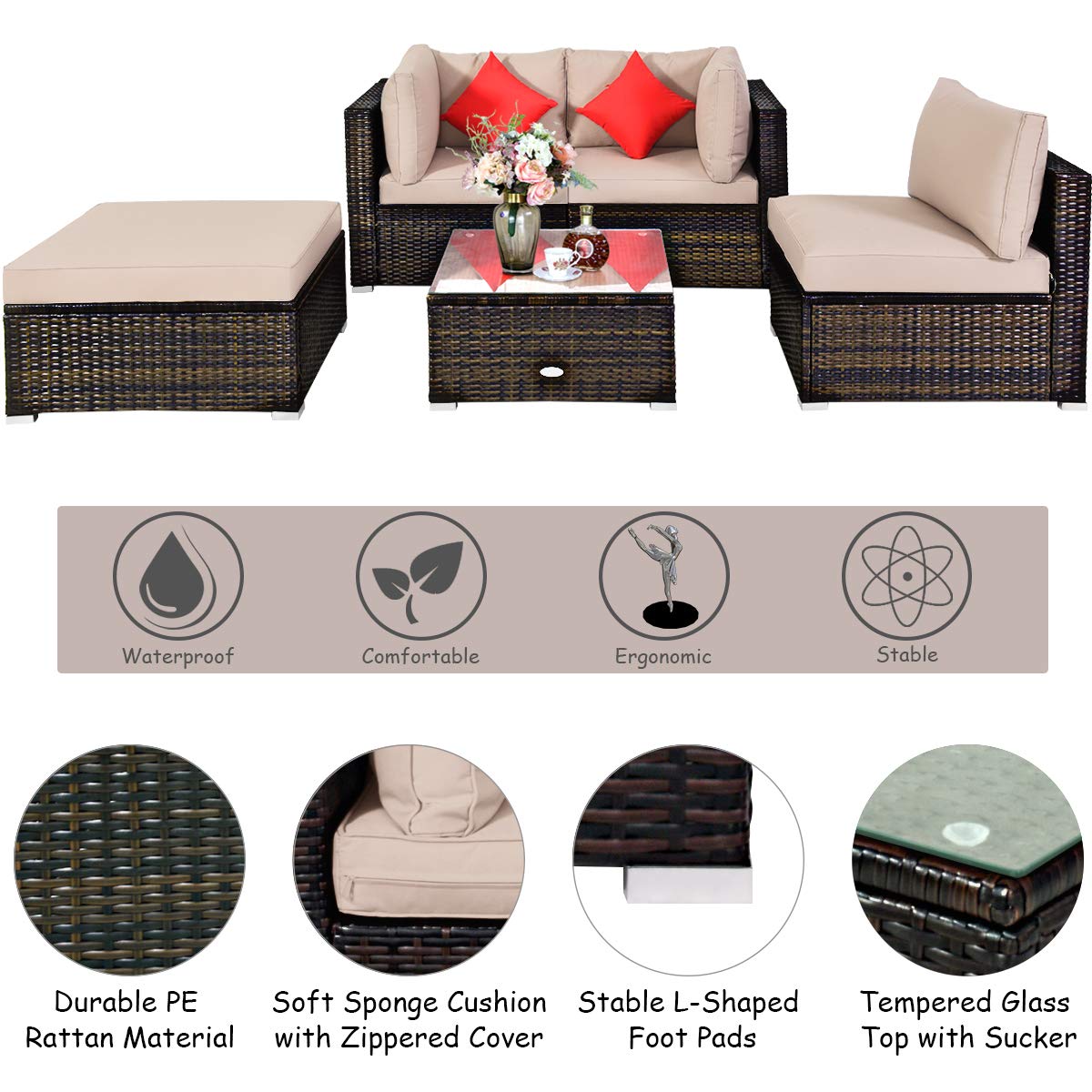 **HAPPYGRILL 5-Piece Patio Conversation Set - Outdoor Rattan Wicker Furniture with Sectional Sofa, Ottoman, Coffee Table, Cushions & Pillows - Perfect for Garden, Lawn, Balcony, Backyard & Poolside Relaxation**
