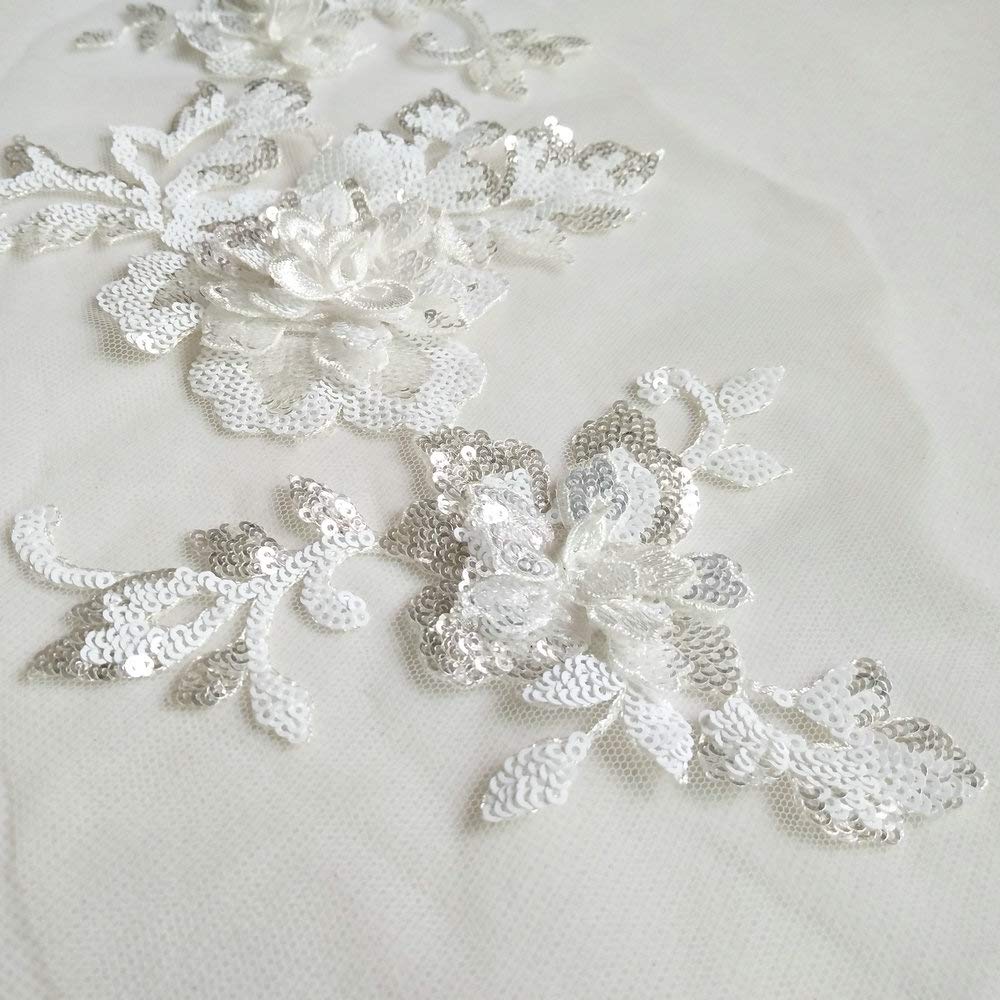 3D Embroidery Sequins Rose Patches - DIY Sewing Appliques for Garment Decoration - White Rose Applique for Dresses, Costumes & Performance Wear - Perfect for DIY Fashion, Dance Costumes and Wedding Dress Embellishments