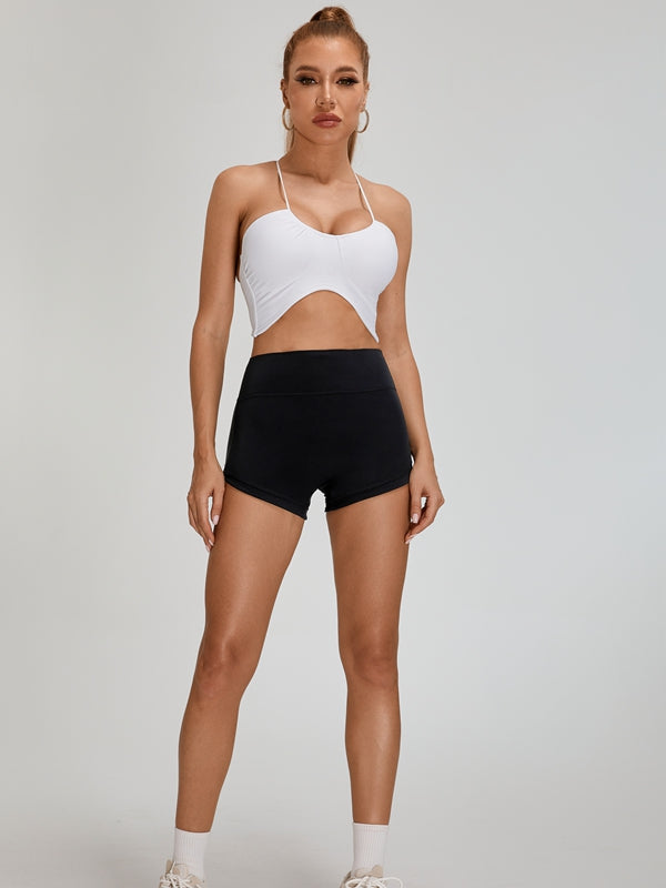 ZASUWA Women's Scrunch Bum Halter Folds Pleated Backless Short Tracksuit - Sexy Gym Outfit for Yoga, Running & Workout