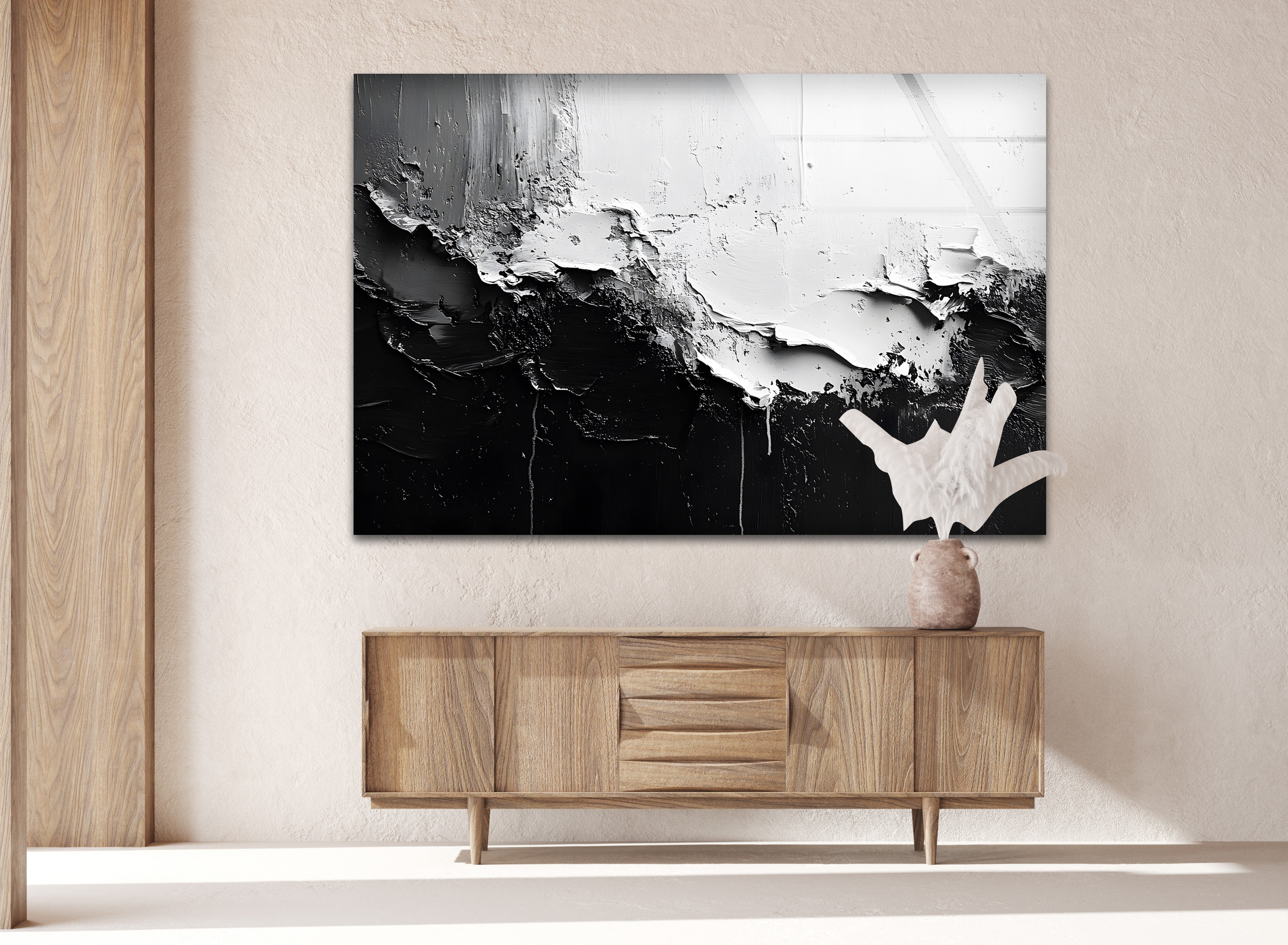 Abstract Black and White Glass Wall Art - Modern Home Decor for Living Room, Bedroom & Office - Elegant Contemporary Wall Hanging for Stylish Interior Design