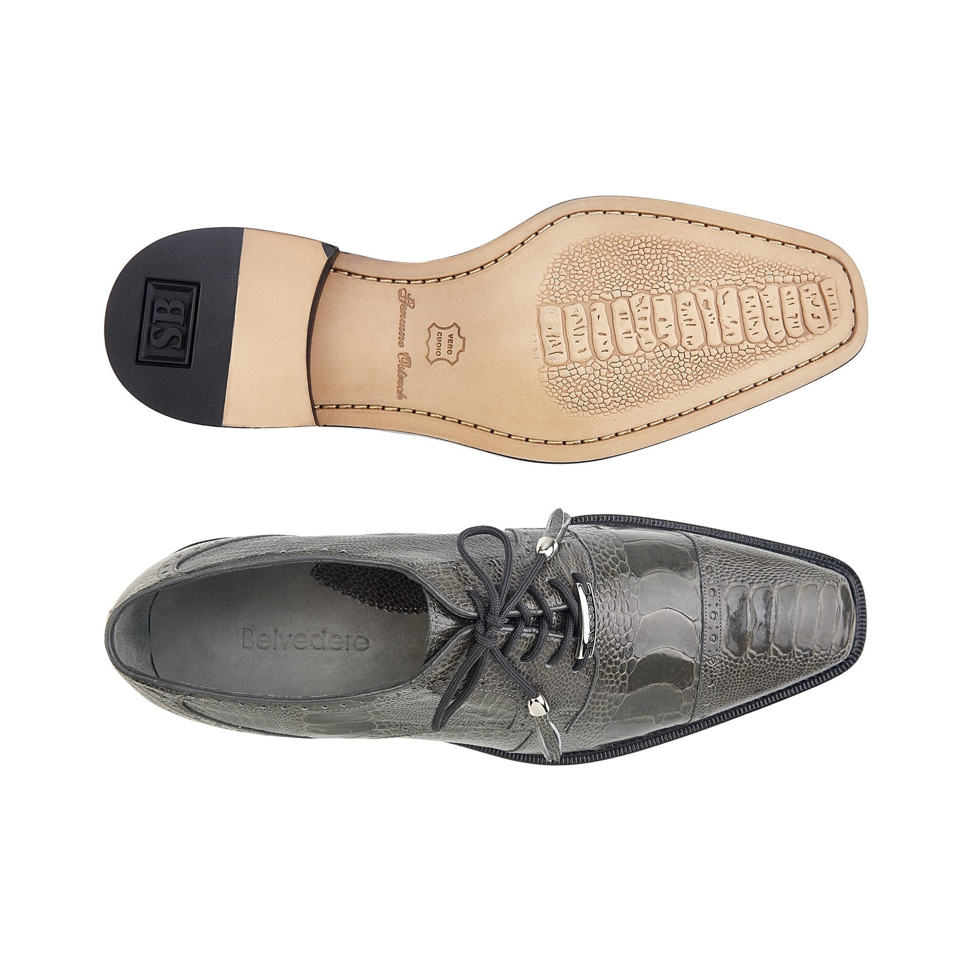 Belvedere Batta Genuine Ostrich Leather Dress Shoes for Men - Gray (14006) | Premium Business Formal Shoes for Office, Weddings & Special Occasions