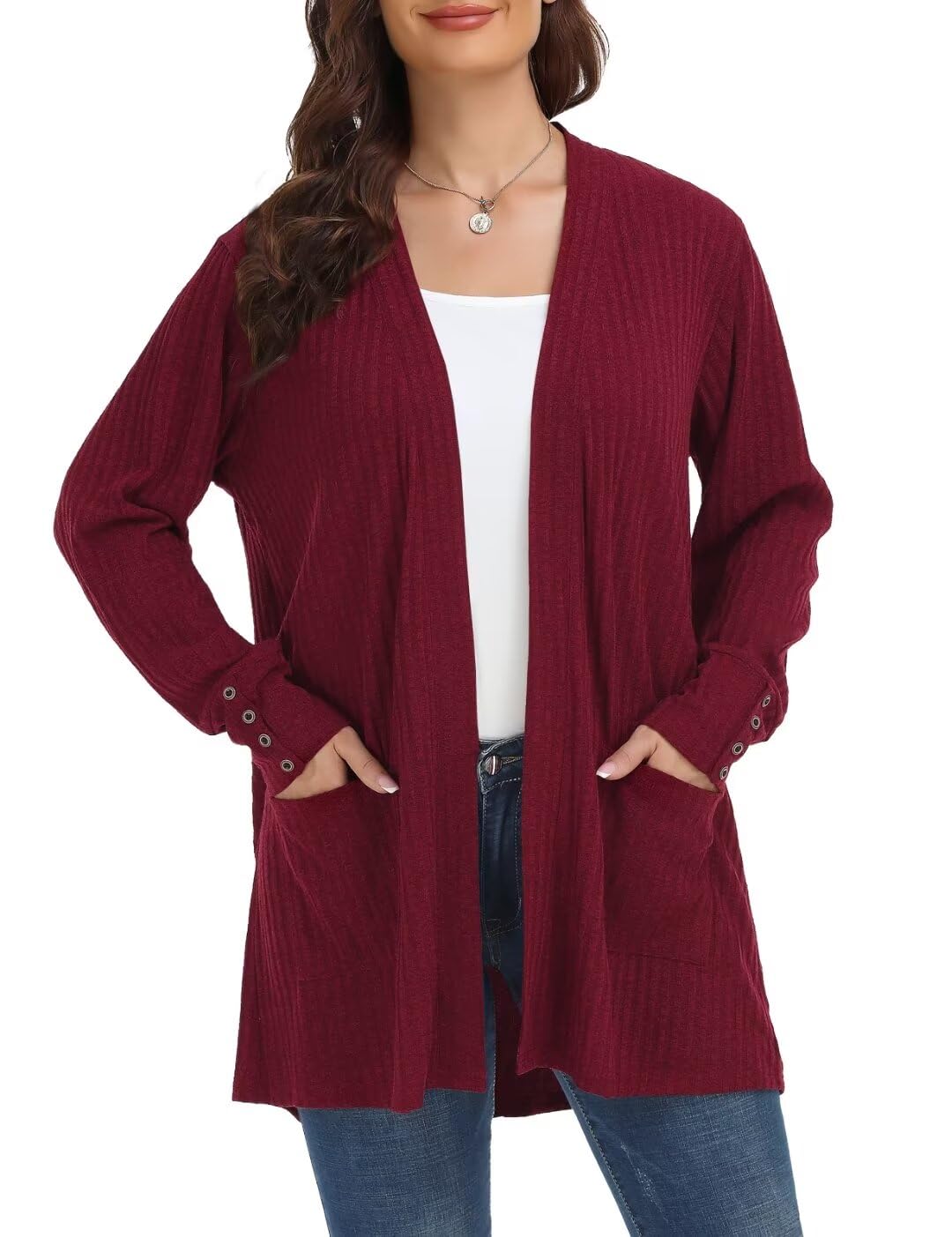 MONNURO Plus Size Open Front Cardigan Sweater for Women - Lightweight Long Sleeve Fall Coat with Pockets | Casual Loungewear, Office Wear & Layering Essential