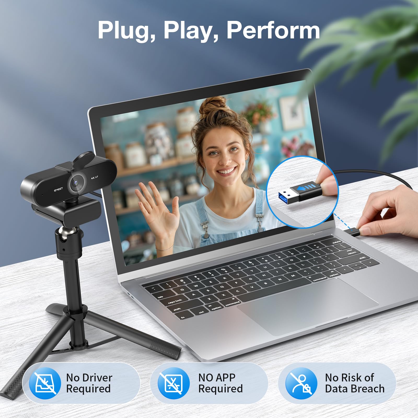 EMEET NOVA 4K Webcam with Tripod Stand - 4K UHD Streaming Camera with PDAF Autofocus, Adjustable Height & 360° Swivel Head, Dual Noise-Canceling Mics, USB Plug & Play, Privacy Cover - Perfect for Zoom Meetings, YouTube Live Streaming & Remote Work