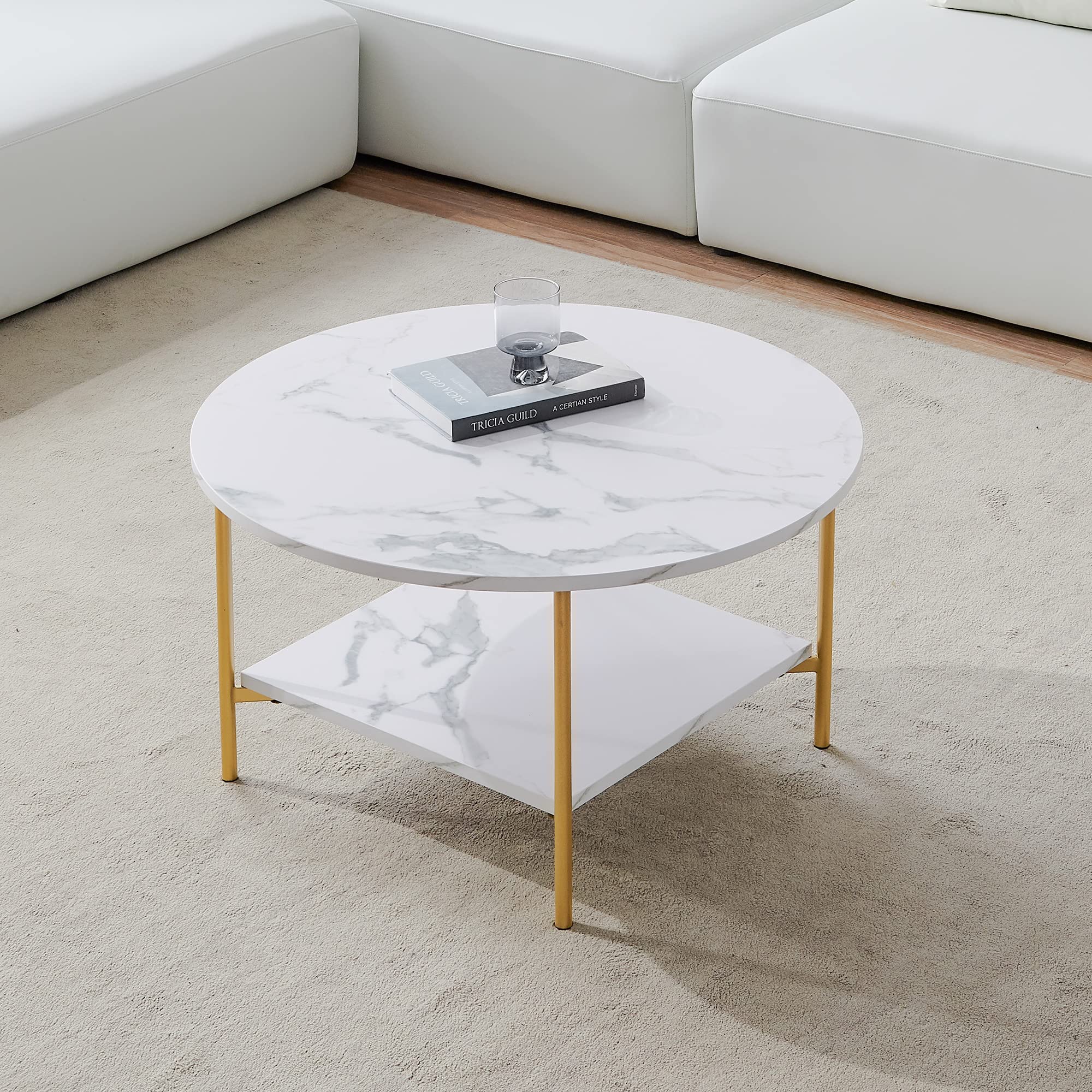 Modern Round Marble Coffee Table with Storage Shelf - Gold Accent Living Room Side Table for Sofa, Lounge & Dining Room - Stylish Home Decor Centerpiece