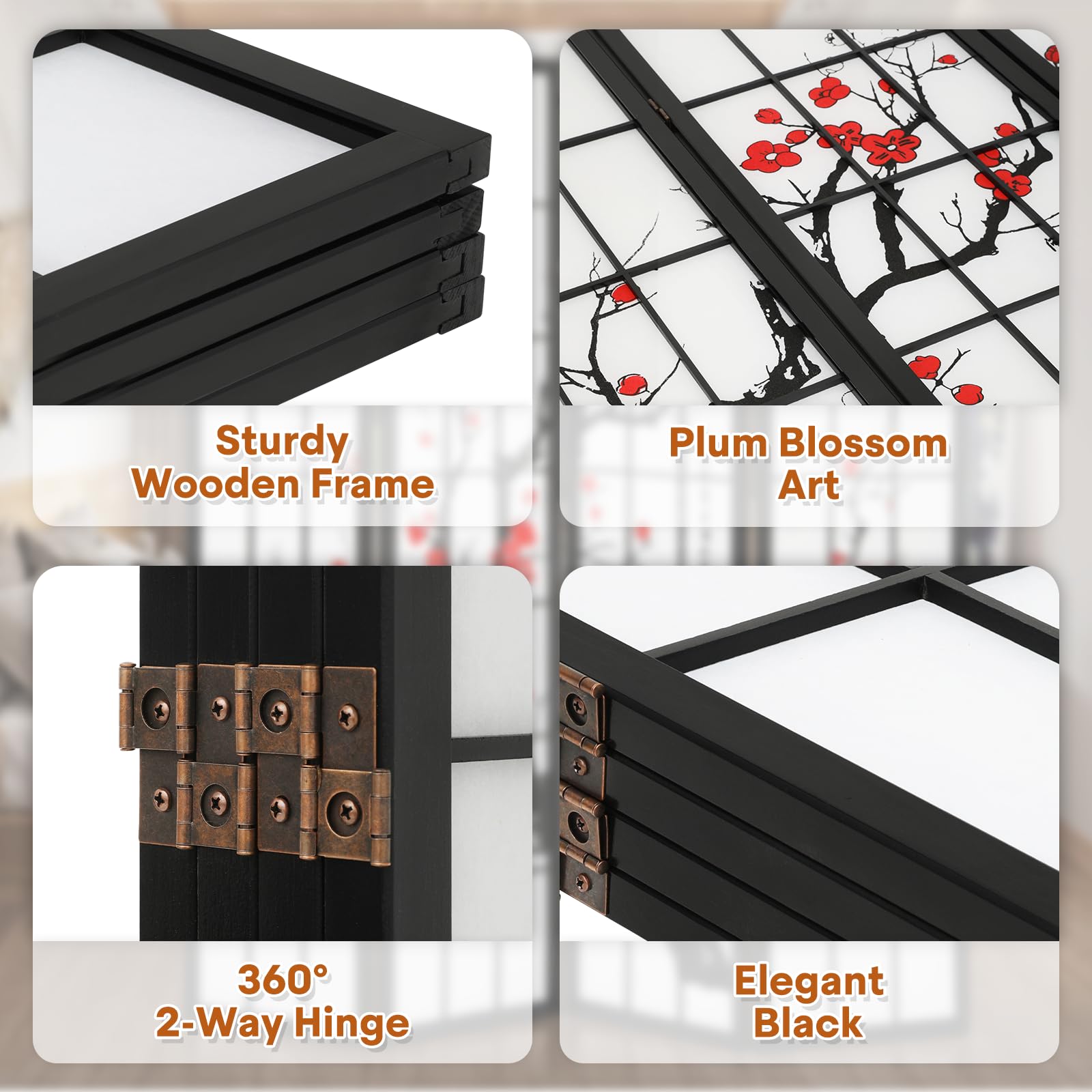 4 Panel Chinese Style Room Divider - Freestanding Privacy Screen with Plum Blossom Design for Bedroom, Office & Dressing Area | Temporary Wall Partition & Space Separator