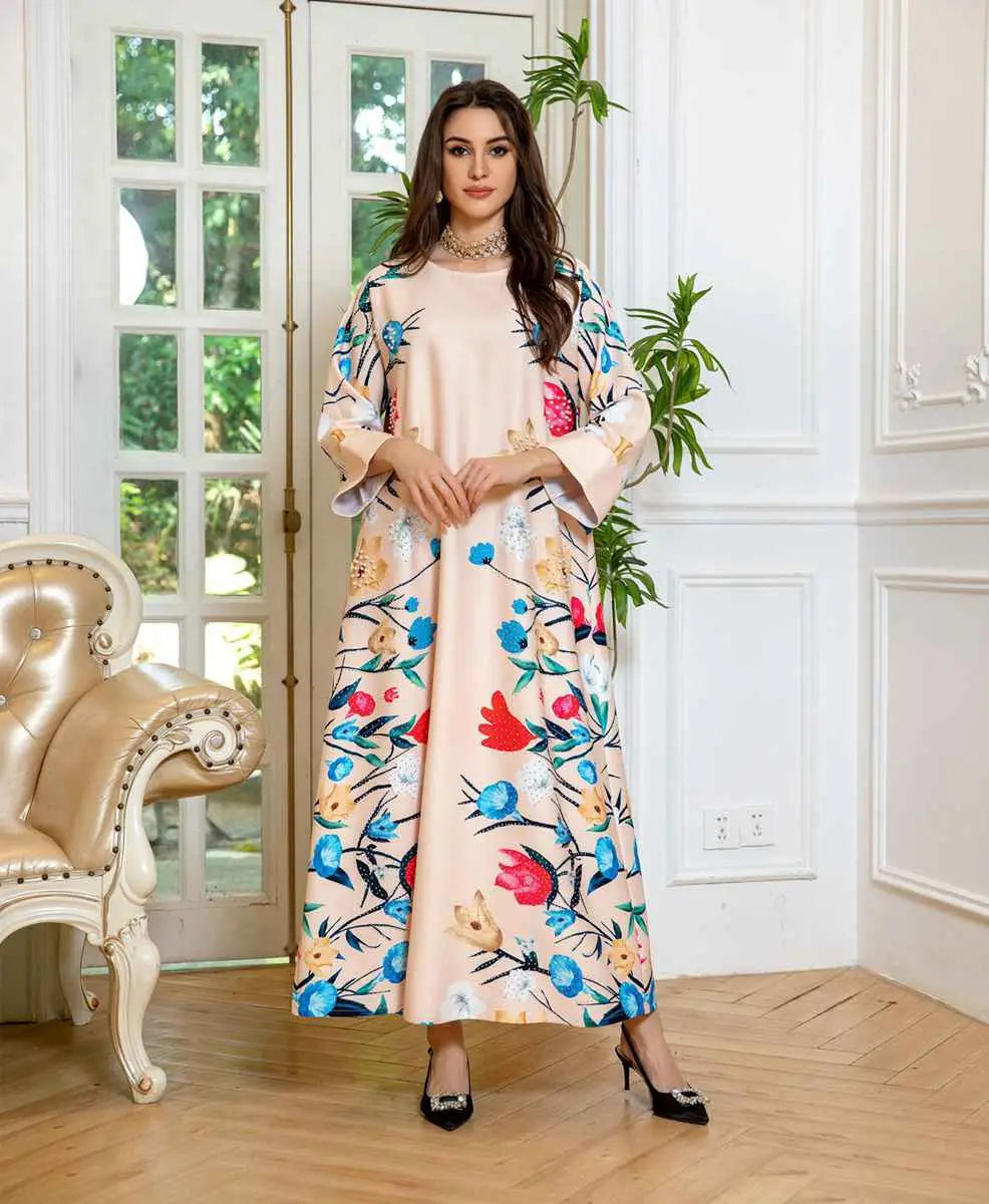 Elegant Eid Dress for Women - Arab Printed Kaftan Caftan Abaya Dress with Long Sleeves - Perfect for Eid Celebrations, Weddings & Special Occasions
