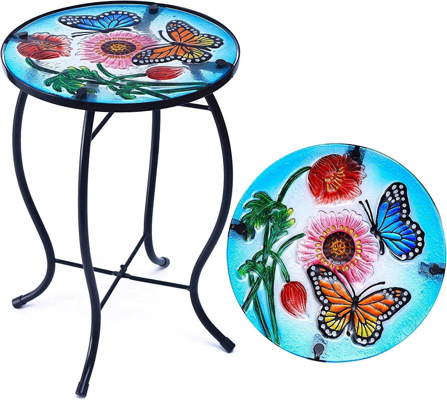 Butterfly Patio Side Table - Small Outdoor End Table with Metal & Glass for Porch, Garden, Yard, Pool - Perfect for Drinks, Plants & Decor