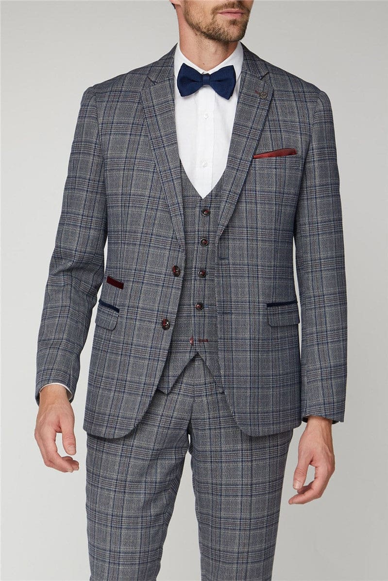 Marc Darcy Enzo Grey Men's Blue Check Tweed Suit - Classic Formal Wear for Weddings, Business Meetings & Special Occasions