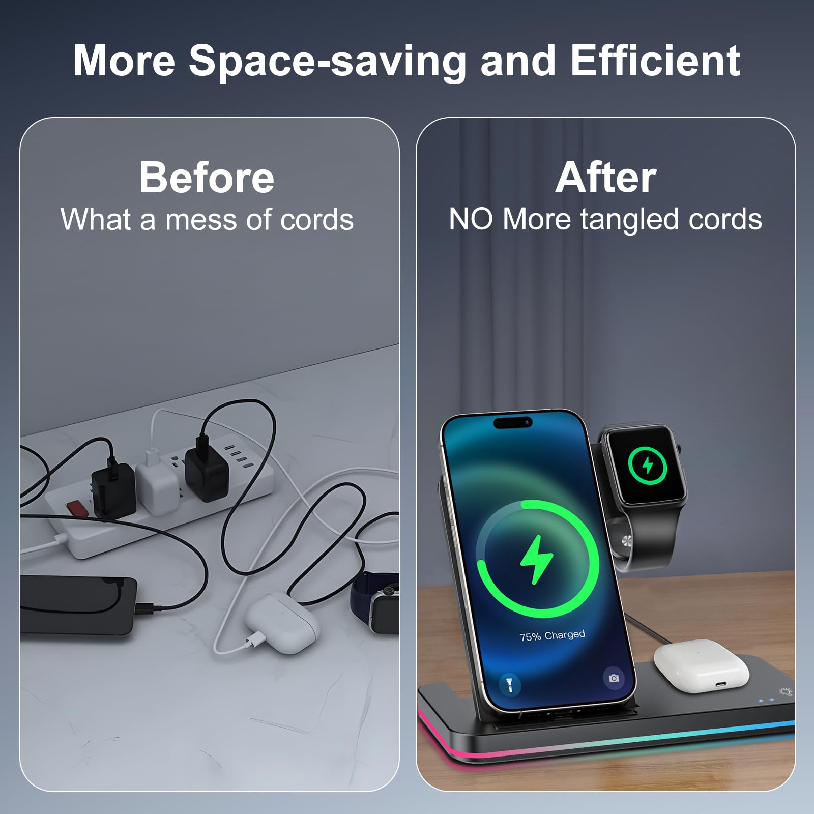 3-in-1 Wireless Charging Station for iPhone 16/15/14/13 Pro Max - Fast Foldable Charger Stand with 18W Quick Charger for Apple Watch & AirPods Pro 2 - Perfect for Home, Office & Travel