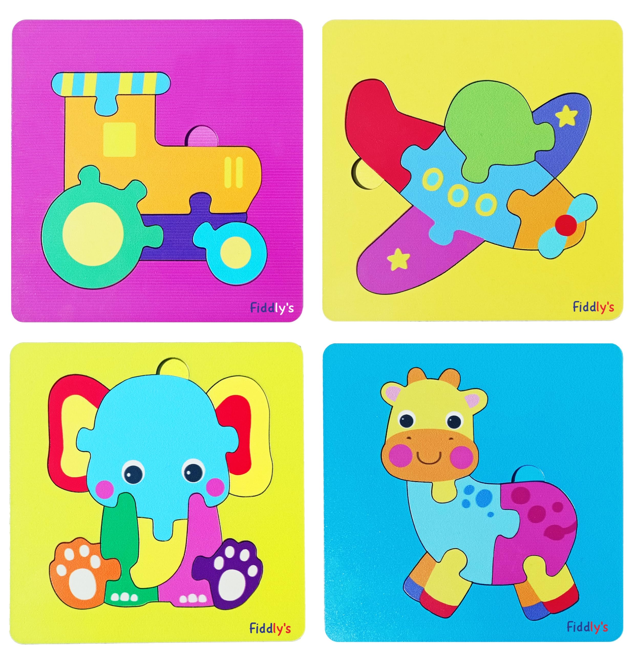 Fiddlys 3D Wooden Jigsaw Puzzles for Kids - 4 Pack Cute Cartoon Baby Animal & Vehicle Puzzles - Educational STEM Toys for Toddlers & Children - Perfect for Birthday Gifts, Classroom Activities & Family Game Night