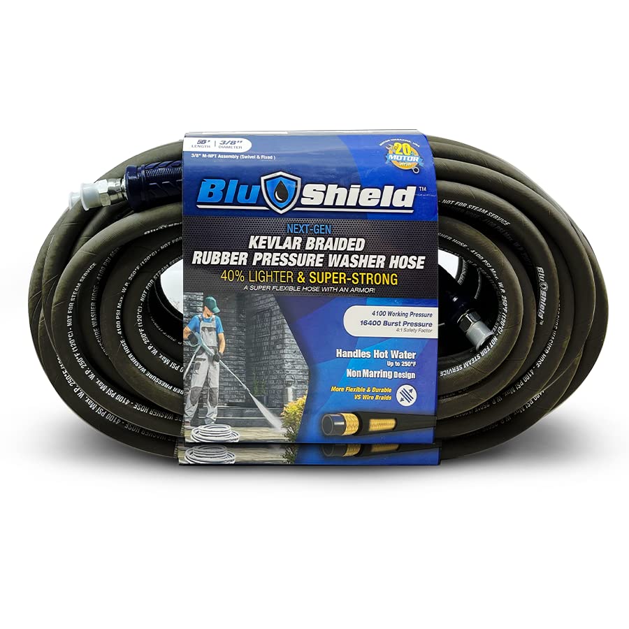 BluShield Aramid Braided Rubber Pressure Washer Hose - 4100 PSI, 250°F Hot & Cold Water Resistant, Heavy Duty & Flexible (3/8