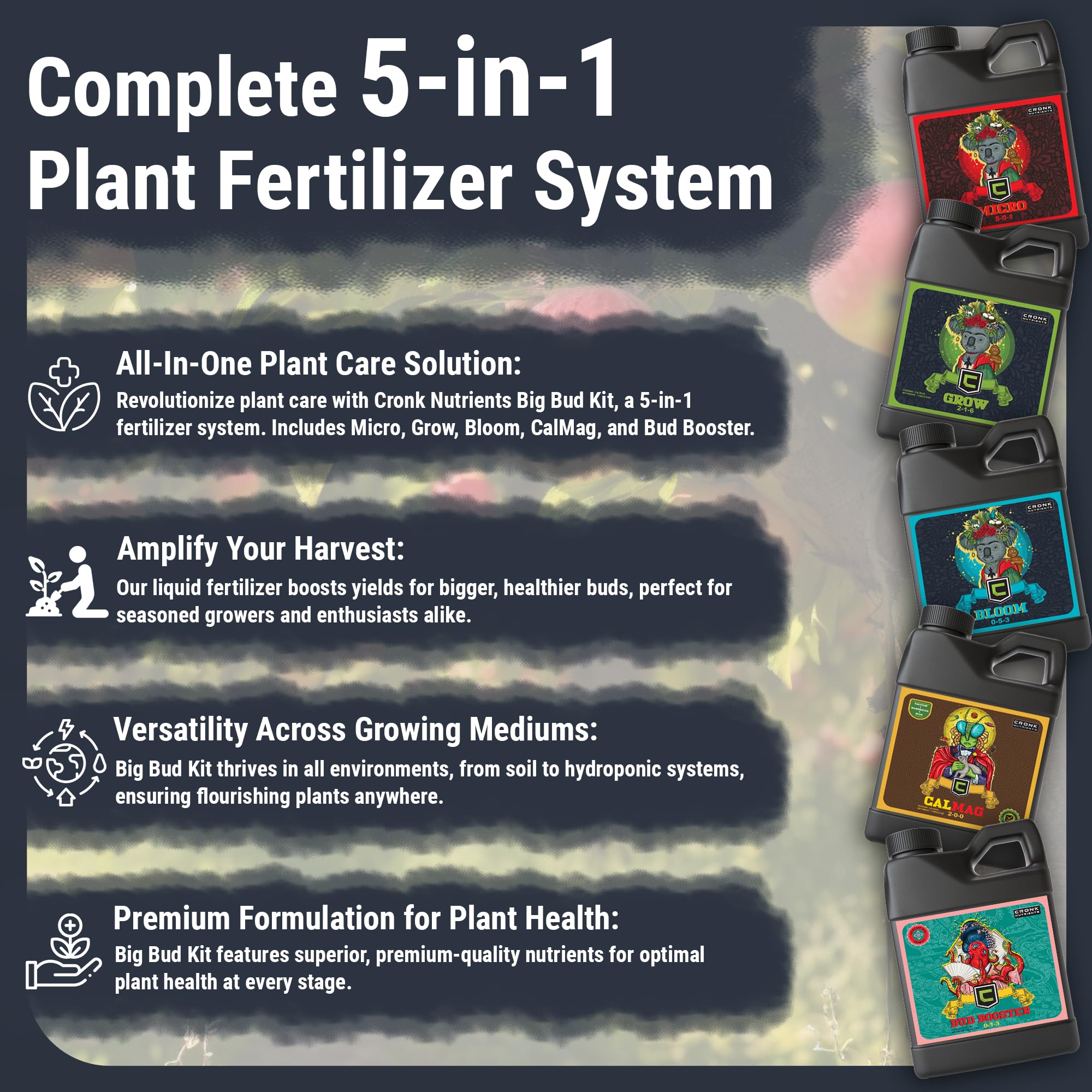 **Cronk Nutrients Big Bud Kit - Complete Plant Nutrient System with Micro, Grow, Bloom, Bud Booster & CalMag - Best Indoor & Outdoor Fertilizer for Robust Growth & Bigger Flowers - 500mL - Ideal for Hydroponics, Soil, and Garden Plants**