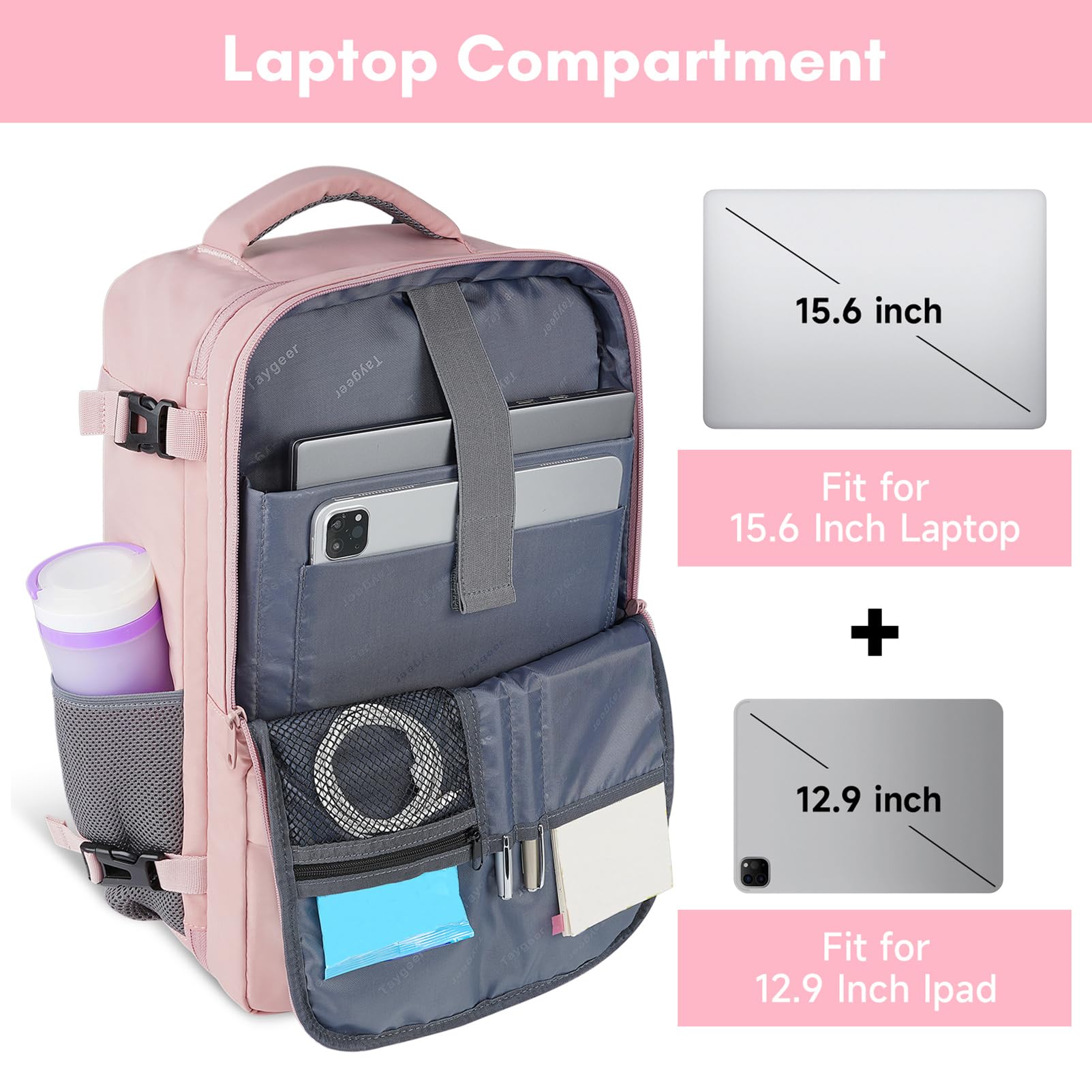 Taygeer Women's Travel Backpack with USB Charging Port & Shoe Compartment - 15.6 Inch TSA Approved Laptop Backpack for Flight, Nurse, Business & Hiking - Lightweight Carry On Weekender Daypack (Pink) | Perfect for Business Trips, College Commute & Weekend Getaways