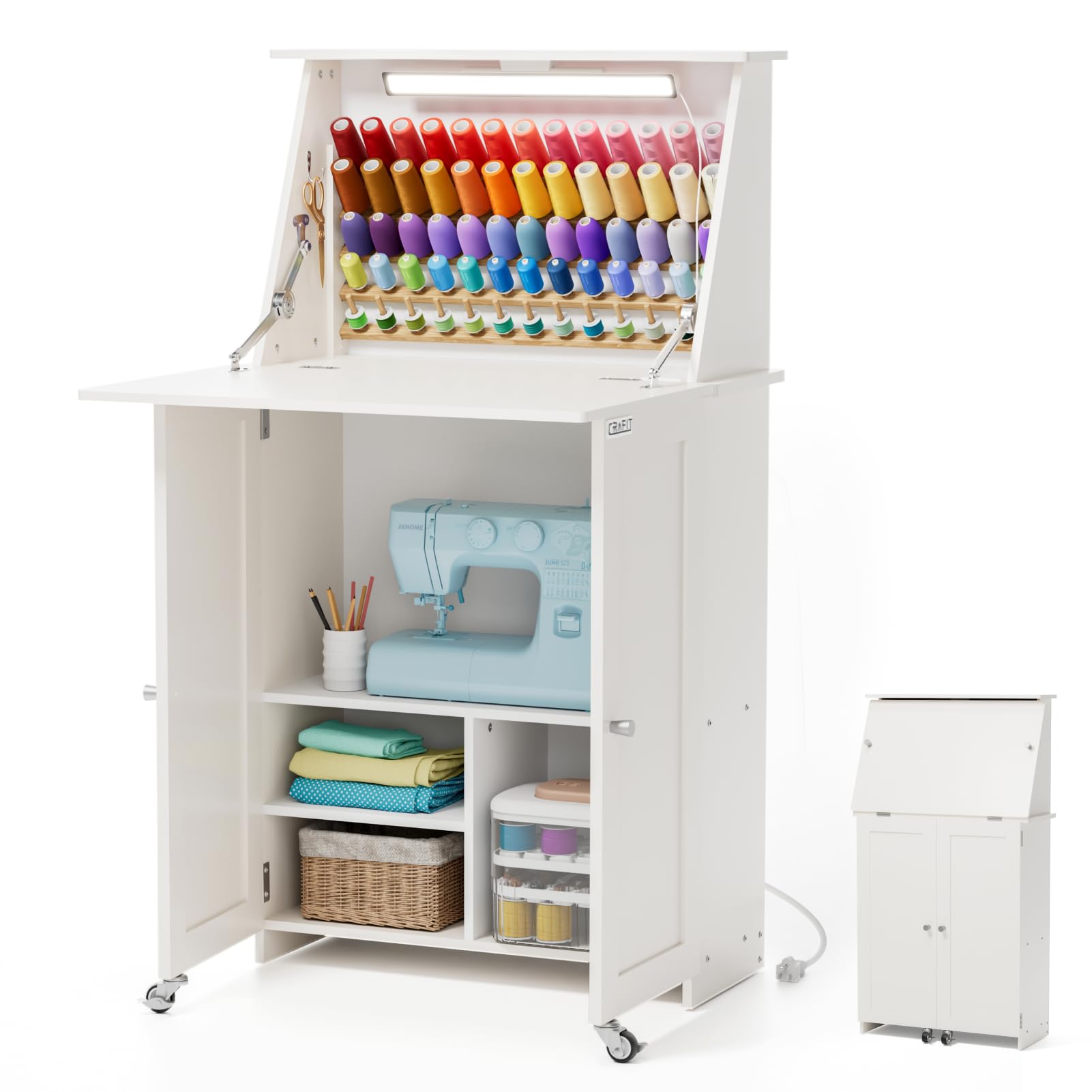 Multipurpose Sewing Table with Under Cabinet Lights & Charging Station - 65 Spool Thread Rack, Craft Storage Workspace with Organizer Shelves, Compact Design - Perfect for Quilting, Sewing Projects & DIY Crafting at Home
