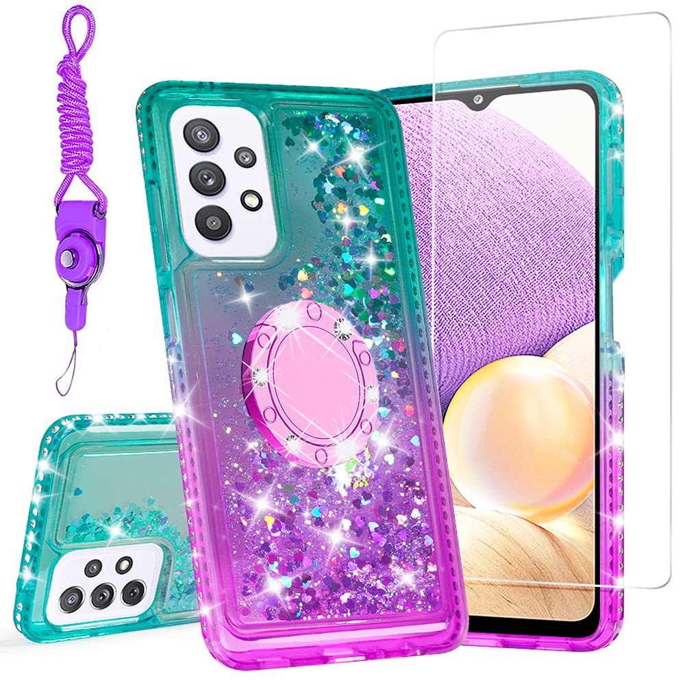 SOGA Quicksand Cute Girl Phone Case for Samsung Galaxy A32 5G - Anti-Slip Diamond Ring Magnetic Car Mount & Lanyard - Purple/Teal - Perfect for Daily Use, Driving & Travel