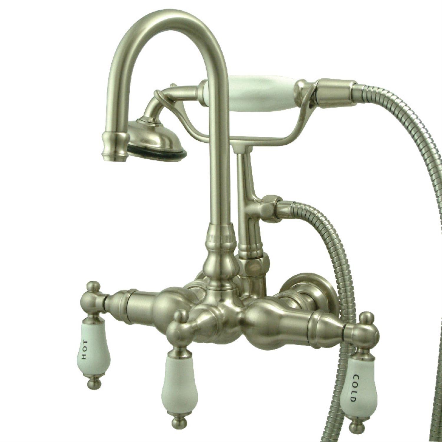 Kingston Brass CC9T8 Vintage Leg Tub Faucet with Hand Shower - 7-Inch Center Satin Nickel Finish for Bathroom & Clawfoot Tubs | Perfect for Vintage Style Bathroom Renovations