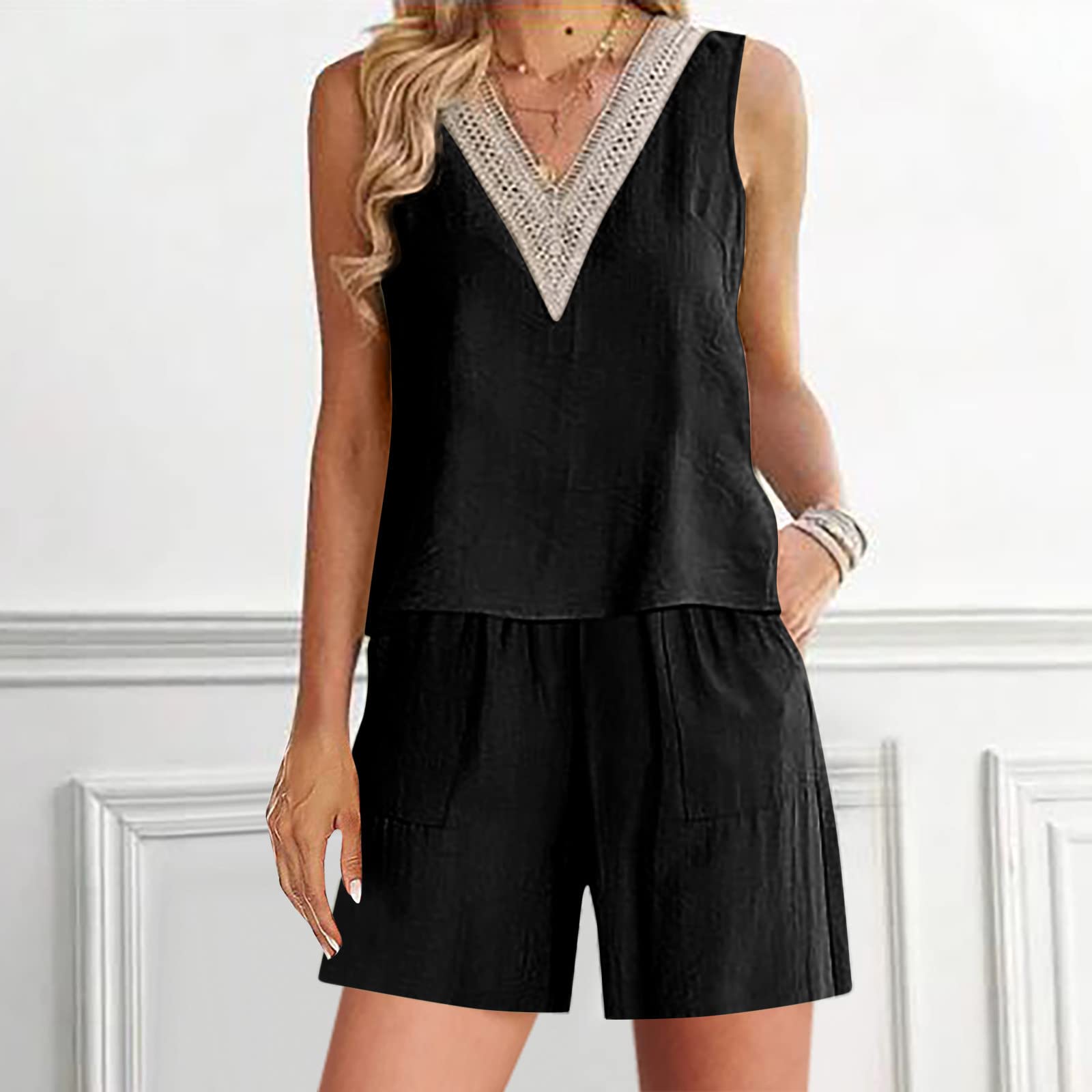 Women's Linen Shorts Set - Sleeveless V-Neck Crop Top & Lounge Shorts | Summer Casual Outfit, Beachwear, Vacation Clothes, Home Loungewear