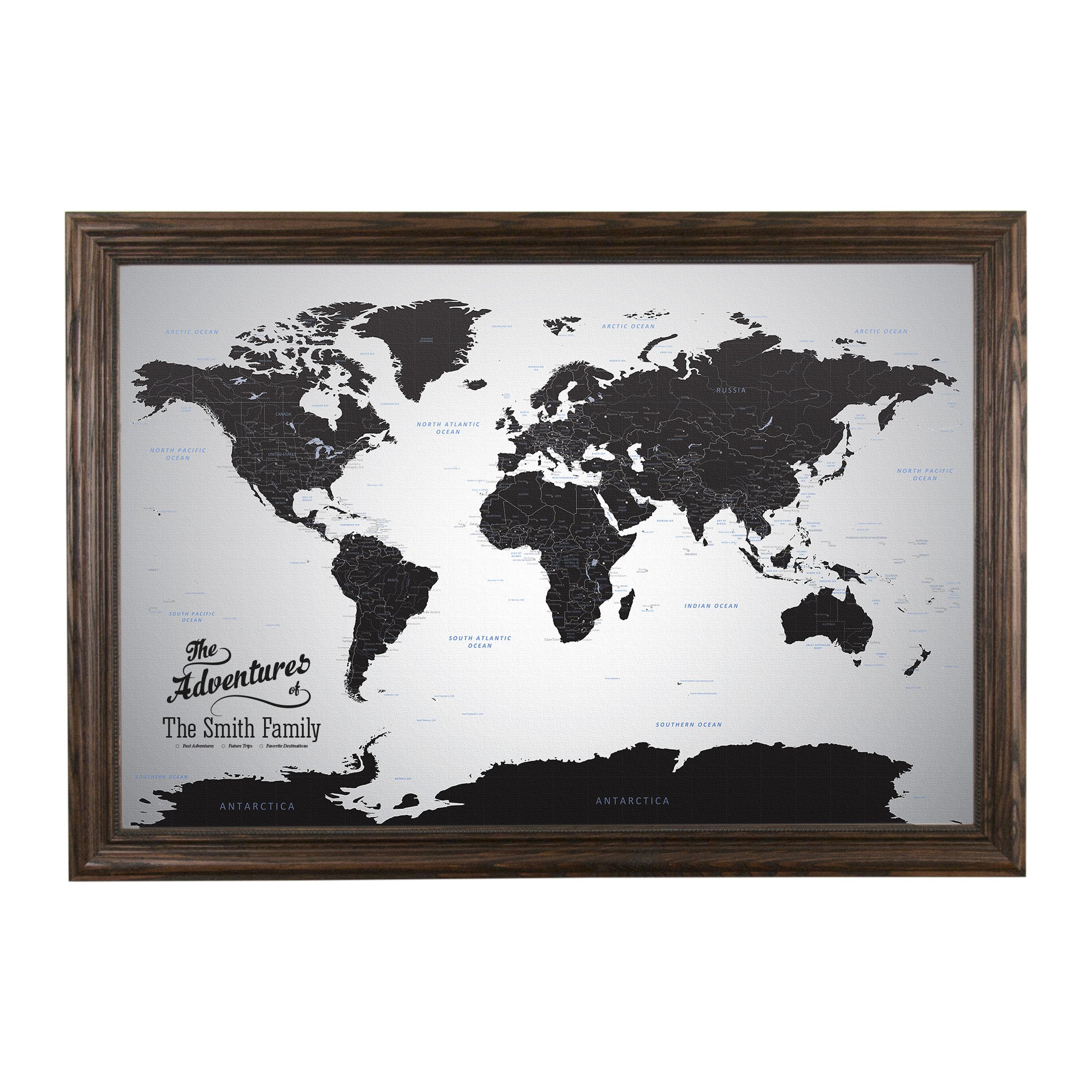Personalized Push Pin Travel Map - Black Ice World Canvas with Solid Wood Brown Frame for Home Decor, Office Wall Art, Travel Enthusiast Gift