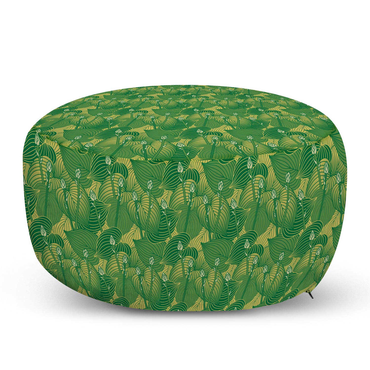 Ambesonne Botanical Ottoman Pouf - Hosta Plants Foliage Exotic Leaves Design, Decorative Soft Foot Rest with Removable Cover for Living Room & Bedroom - Fern Green & Mustard | Perfect for Home Decor, Feng Shui, and Gardening Enthusiasts