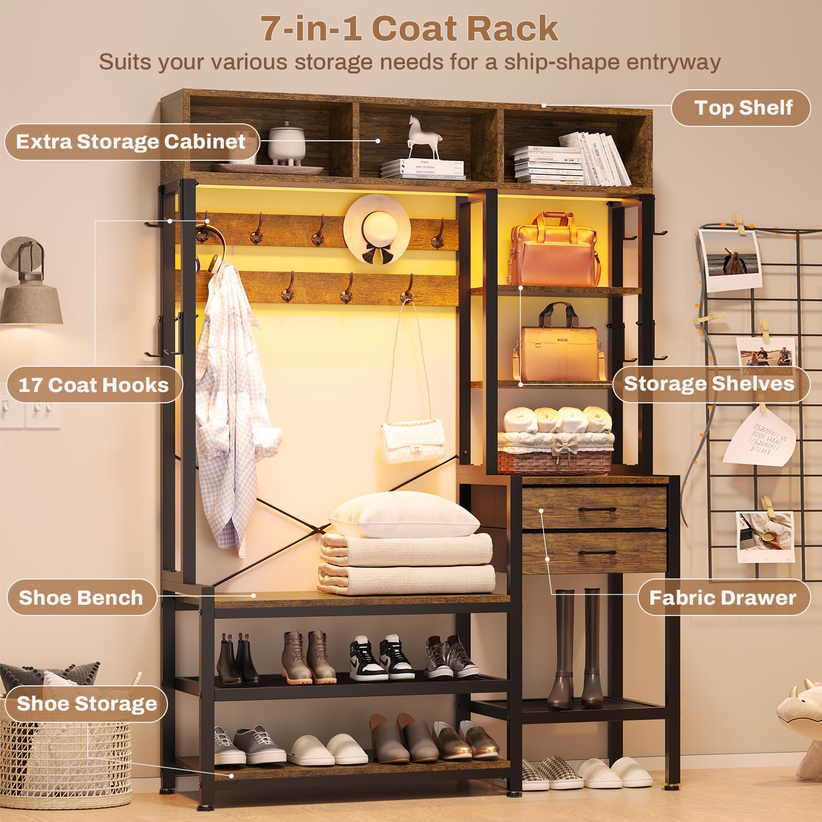 Itaar 7-in-1 Hall Tree Entryway Bench with Coat Rack - Rustic Brown Shoe Storage Organizer, 3 Cubbies & 3 Shelves, 17 Hooks & 2 Fabric Drawers - Perfect for Mudroom, Foyer & Small Space Organization